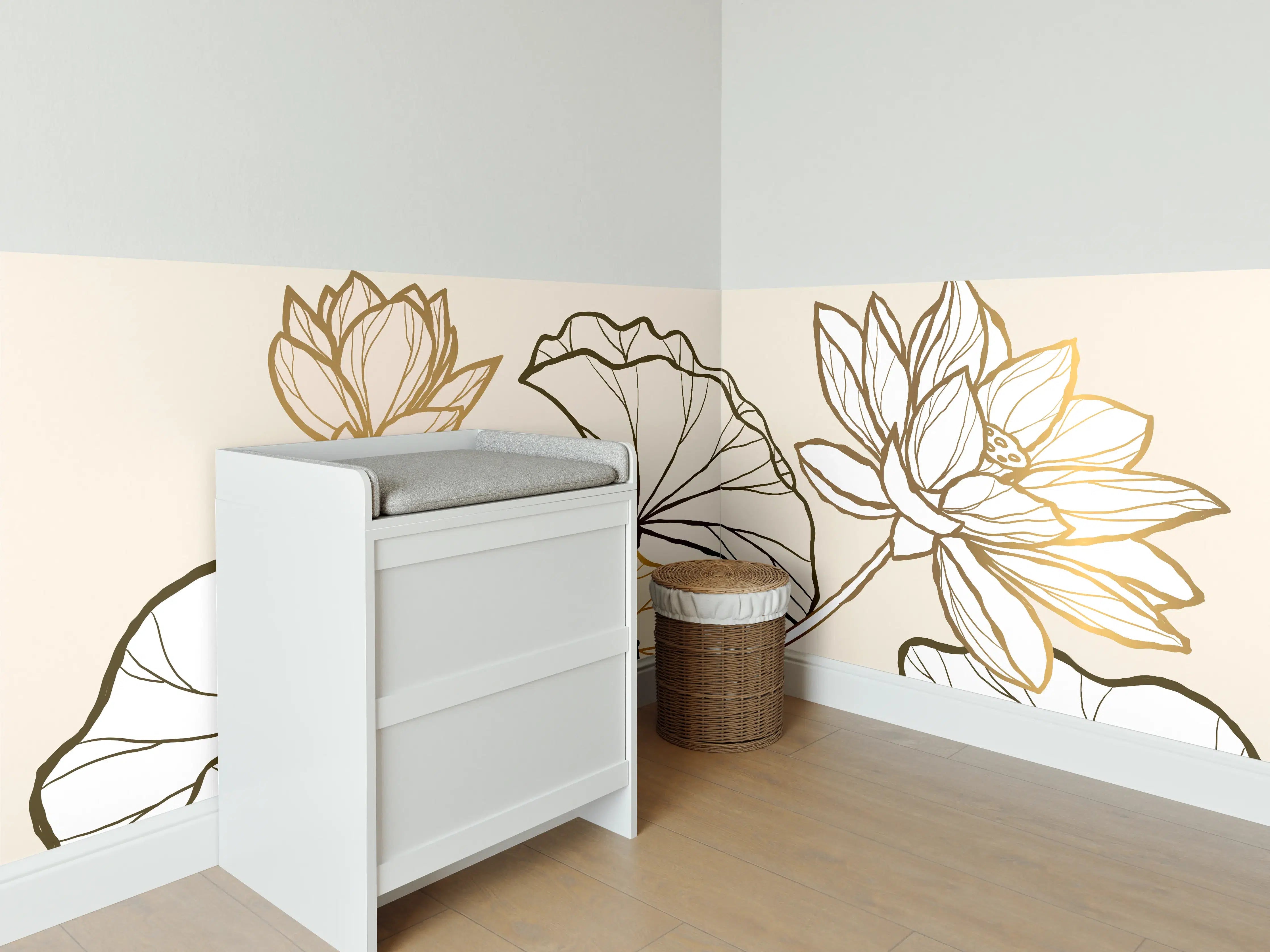 Babyzimmer Wandgestaltung - Goldene Botanik Lineart Illustration