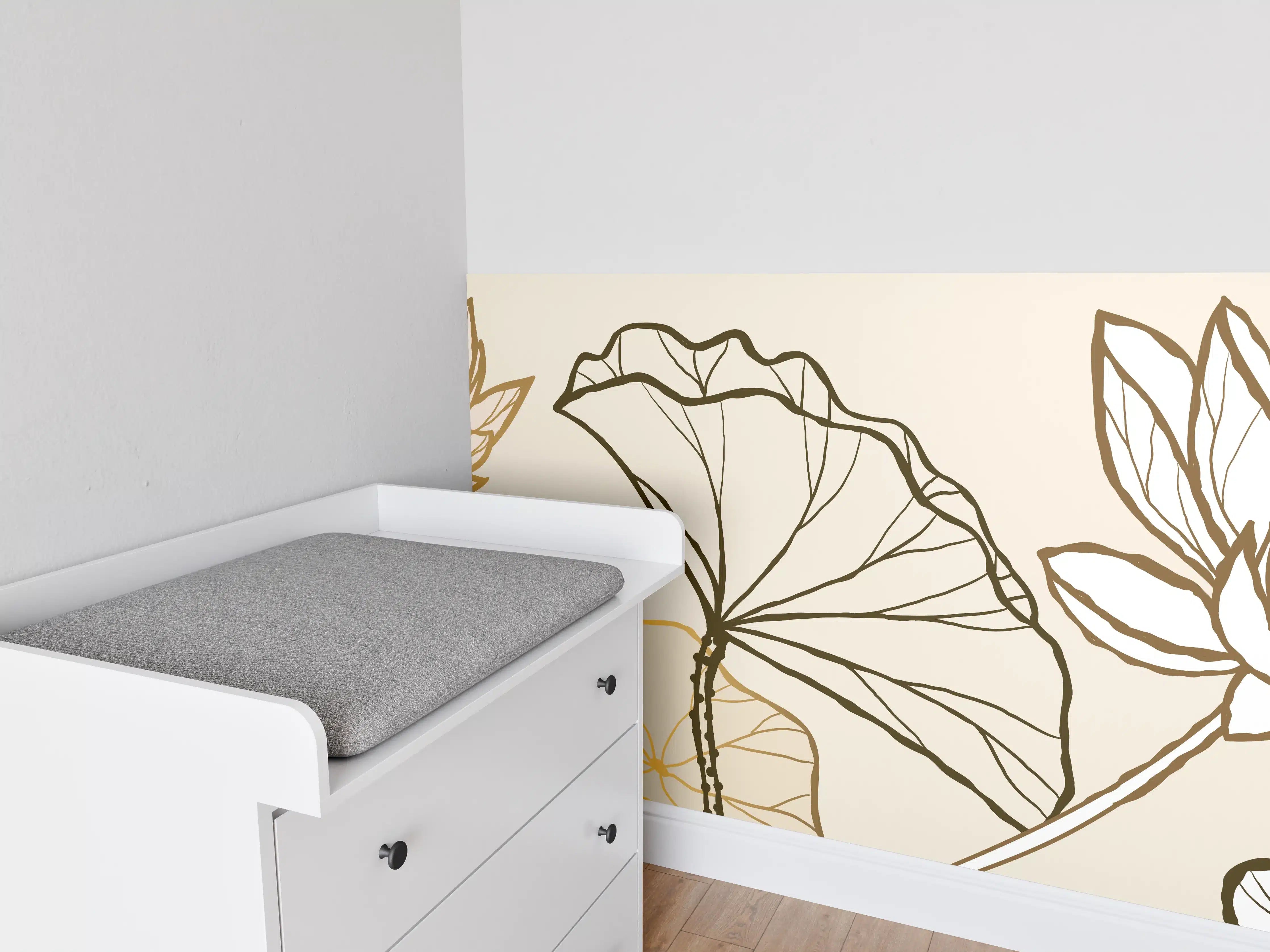 Babyzimmer Wandgestaltung - Goldene Botanik Lineart Illustration