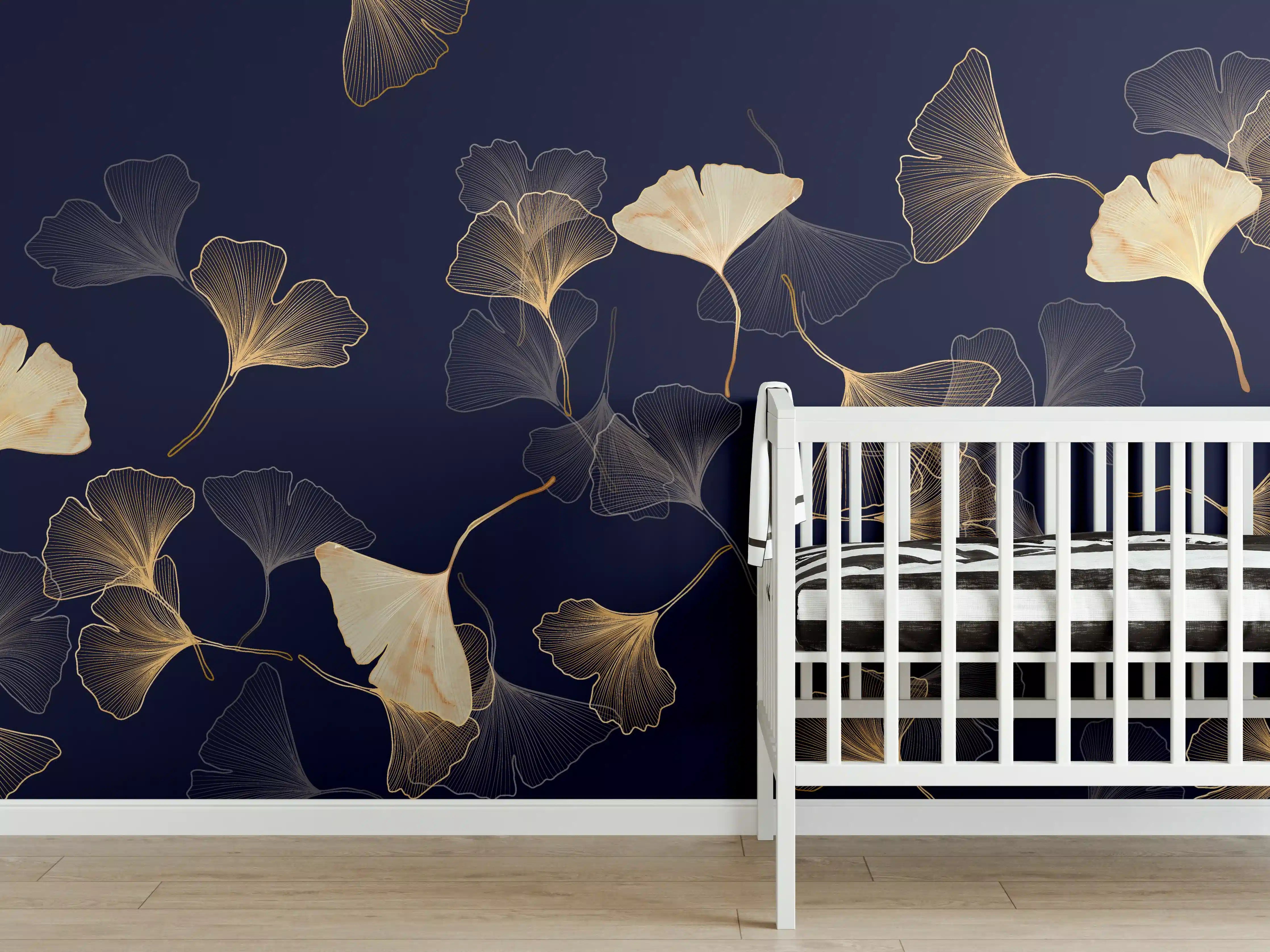 Babyzimmer Wandgestaltung - Goldene Ginkgo Blatt Design Tapete