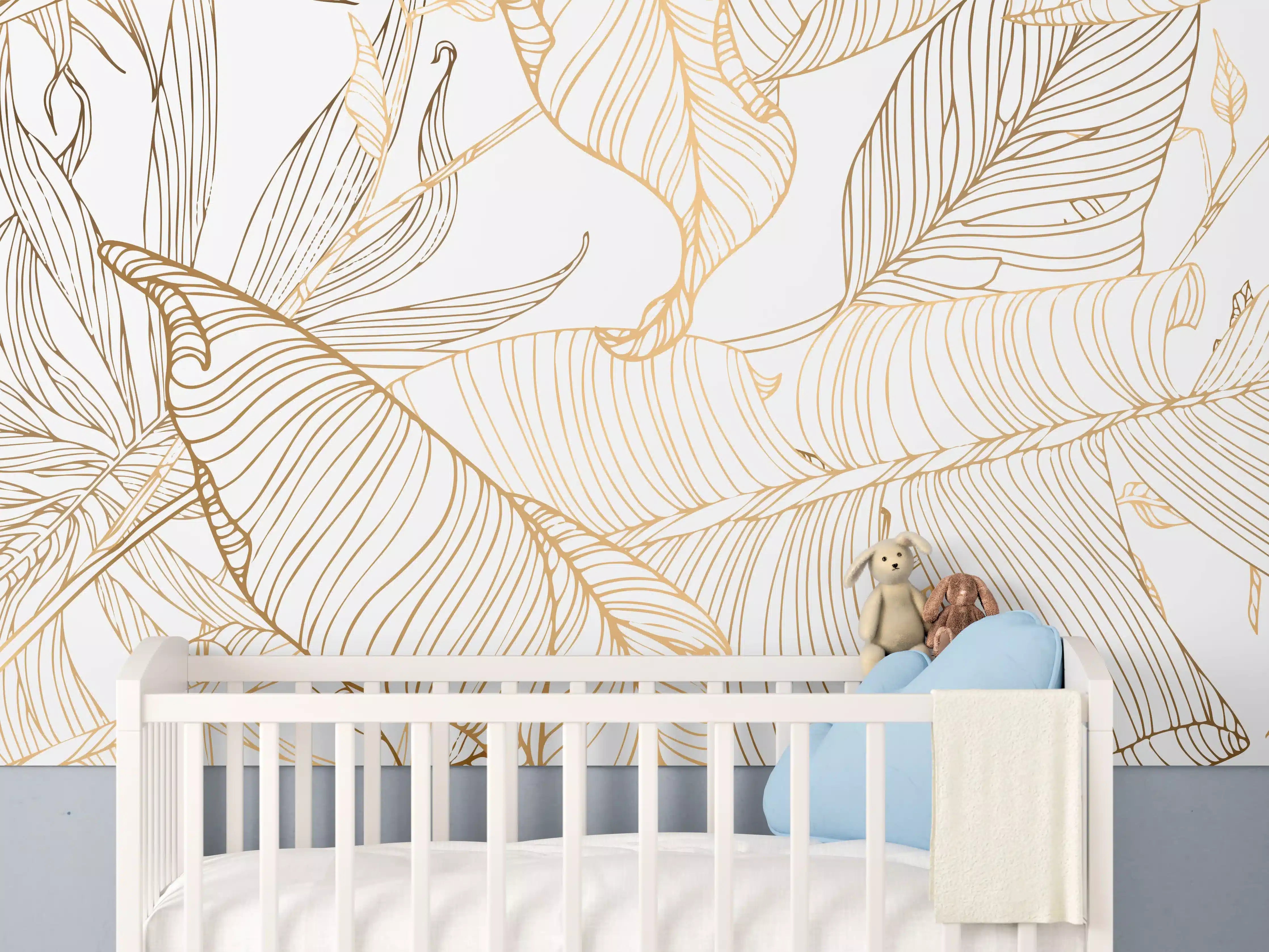Babyzimmer Wandgestaltung - Goldene Lineart Blattmuster Kunst