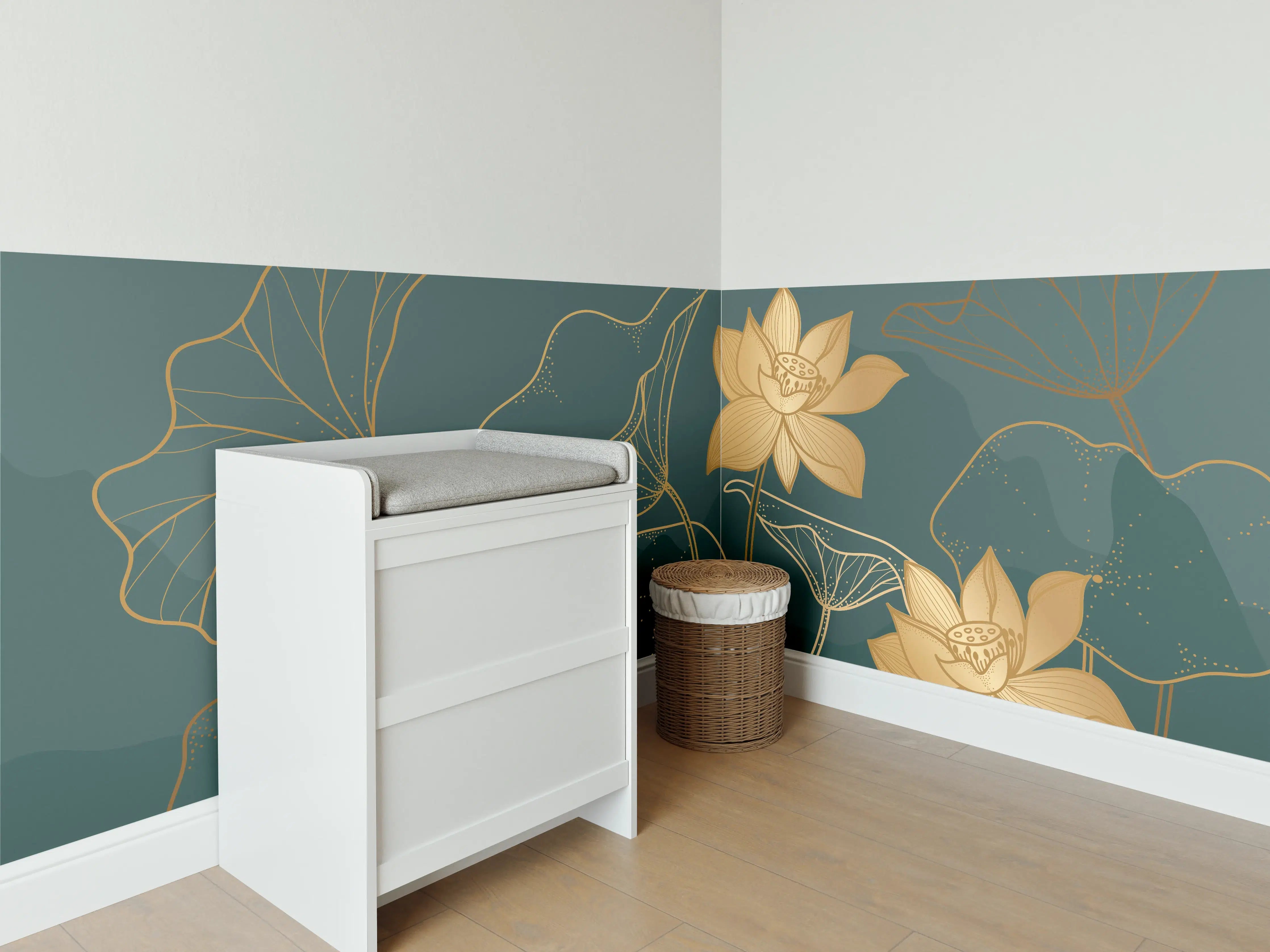 Babyzimmer Wandgestaltung - Goldene Lotus Linienzeichnung