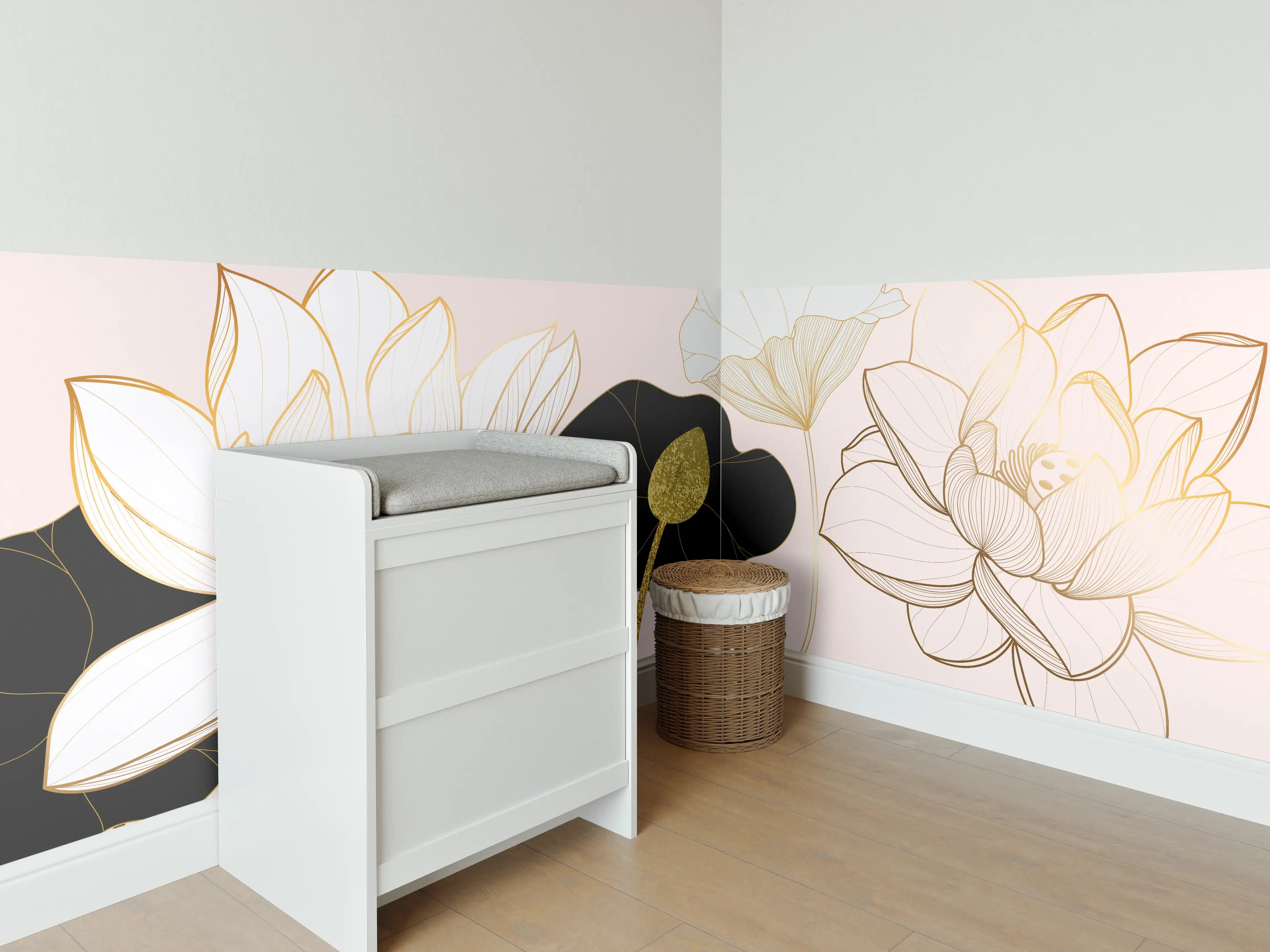 Babyzimmer Wandgestaltung - Goldene Lotusblumen auf Schwarz