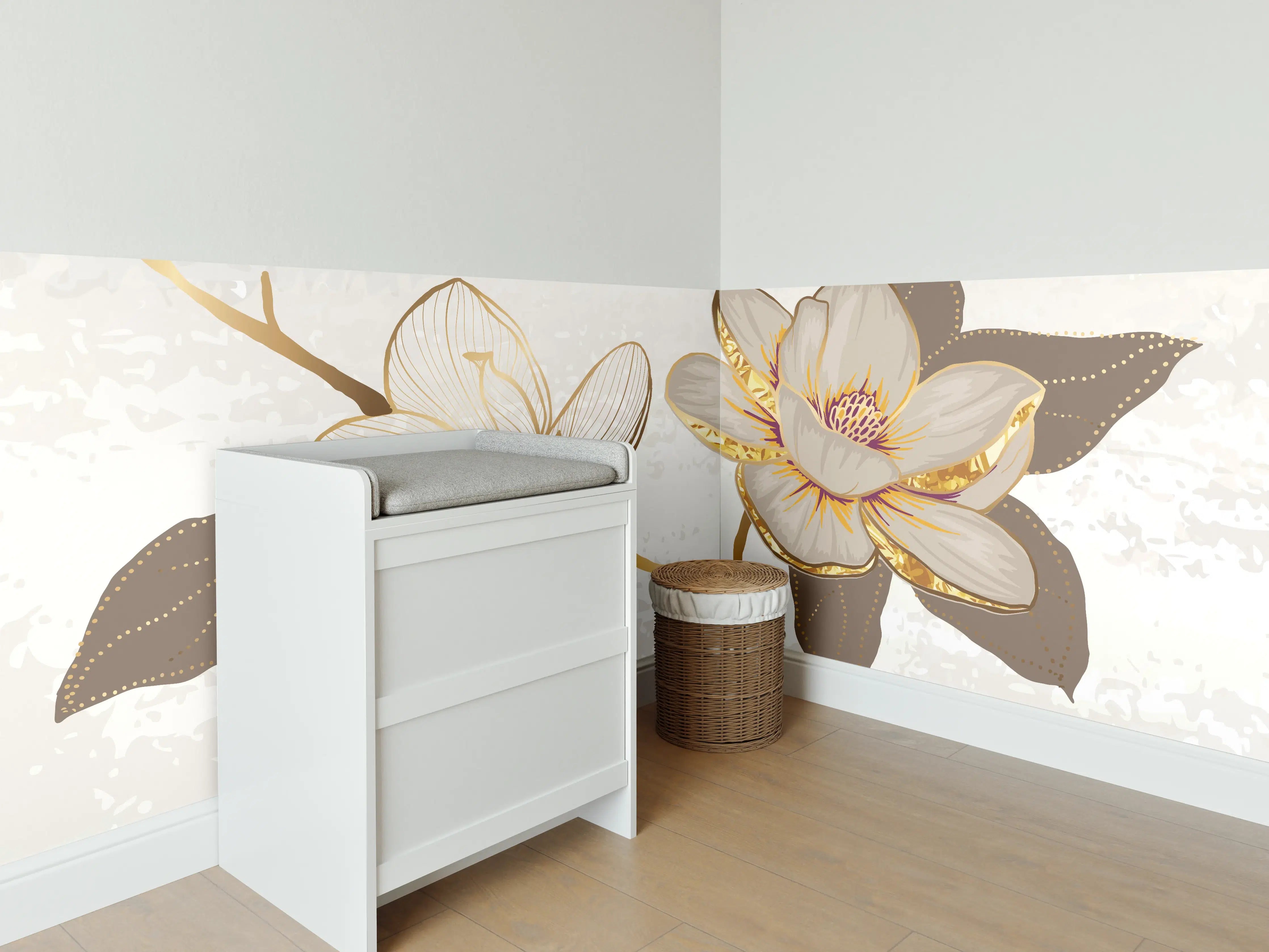Babyzimmer Wandgestaltung - Goldene Magnolien Kunst-Design