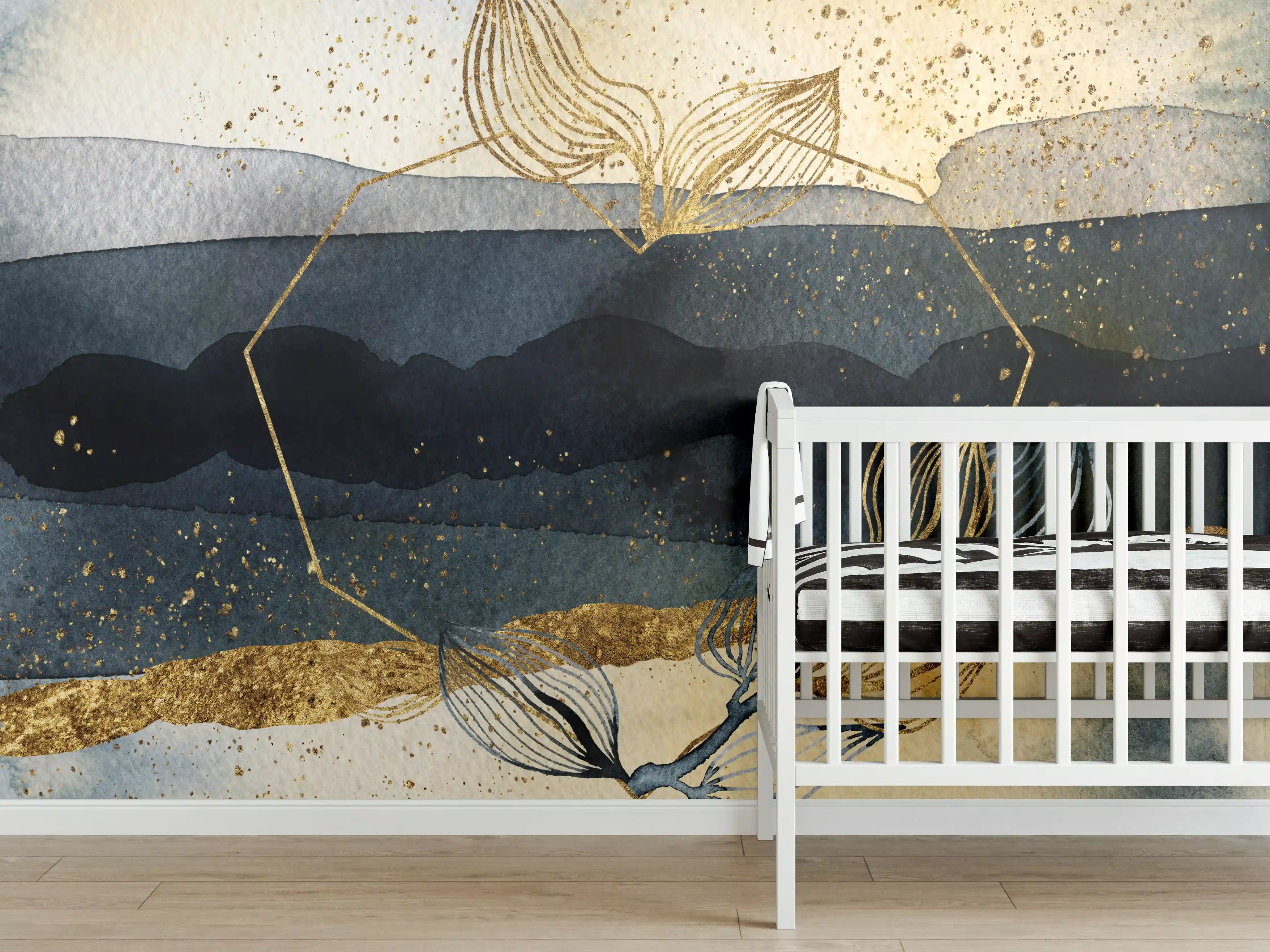 Babyzimmer Wandgestaltung - Goldene Pflanzenlinie über Wasser mit Himmelshintergrund