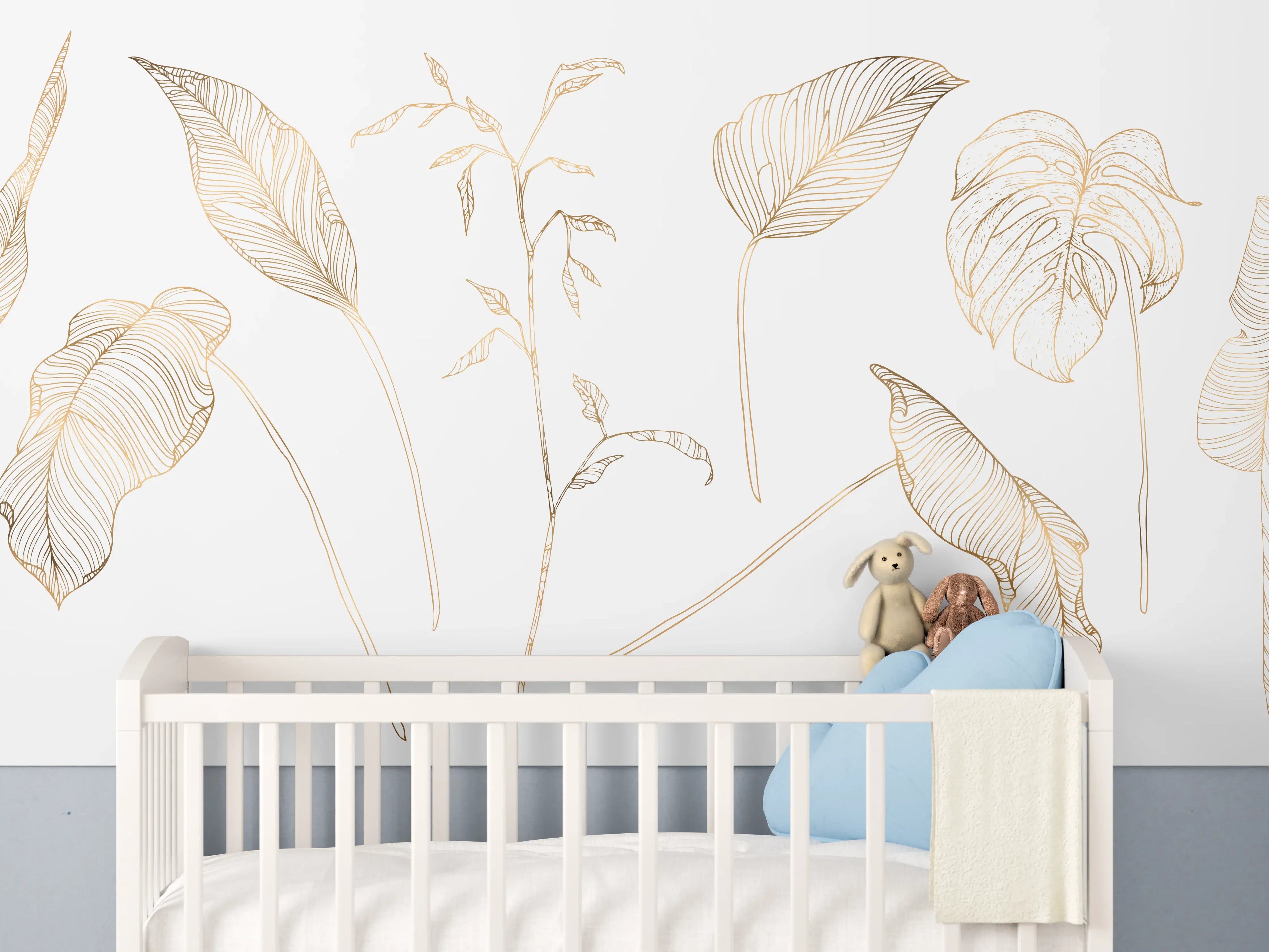Babyzimmer Wandgestaltung - Goldene Pflanzenlinien Zeichnung
