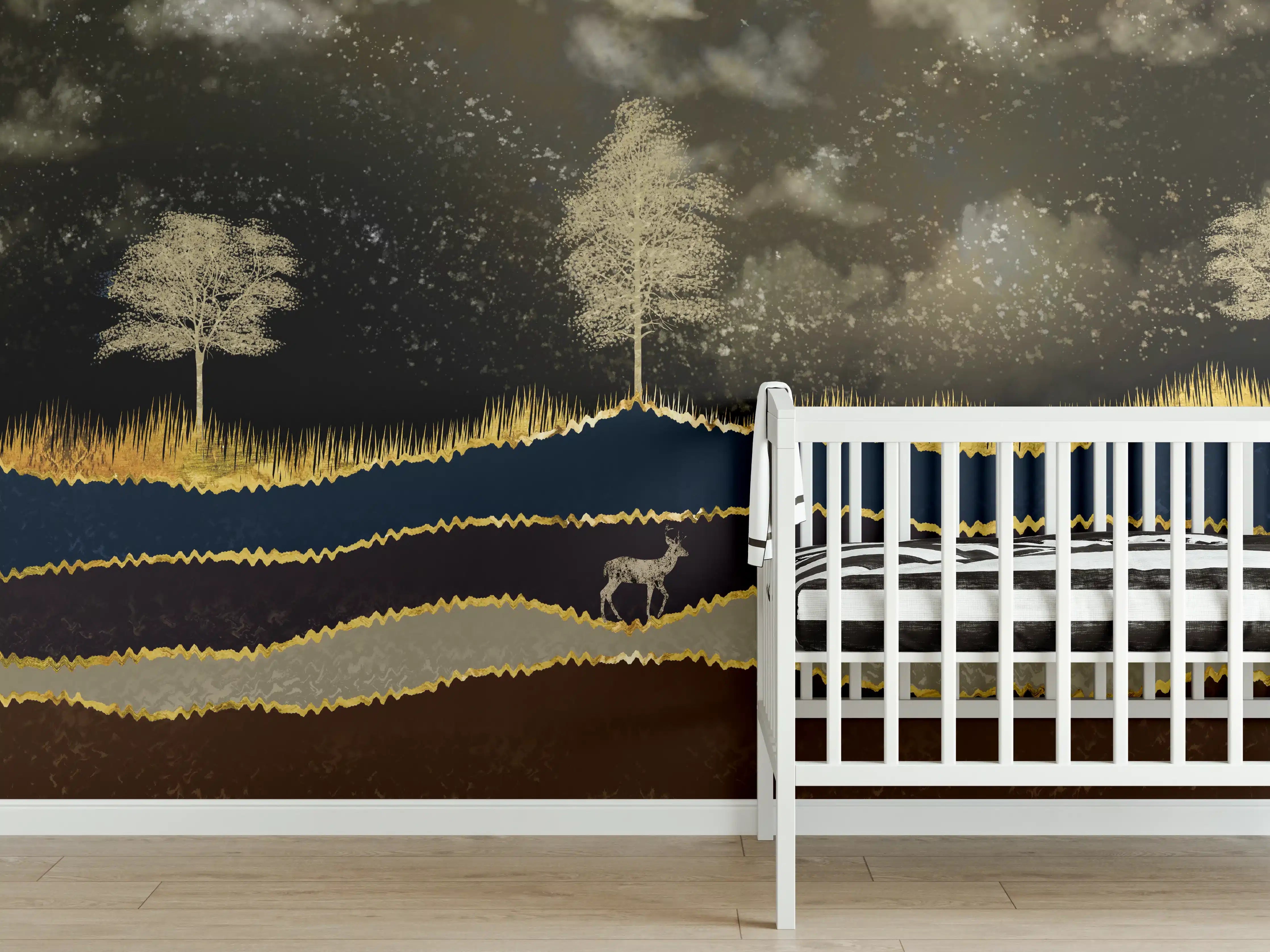 Babyzimmer Wandgestaltung - Goldene Sonne Dunkler Wald Hirsch