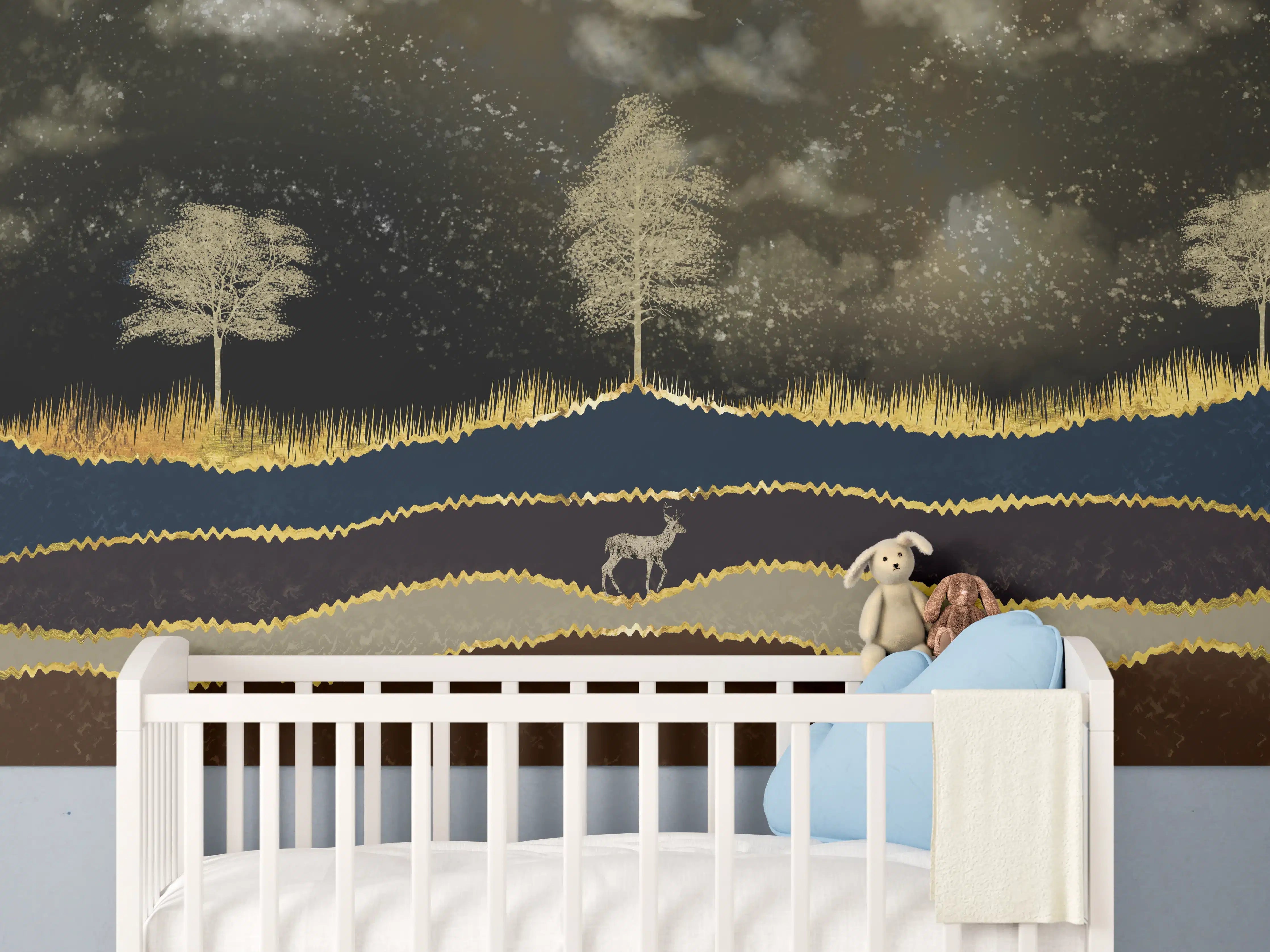 Babyzimmer Wandgestaltung - Goldene Sonne Dunkler Wald Hirsch