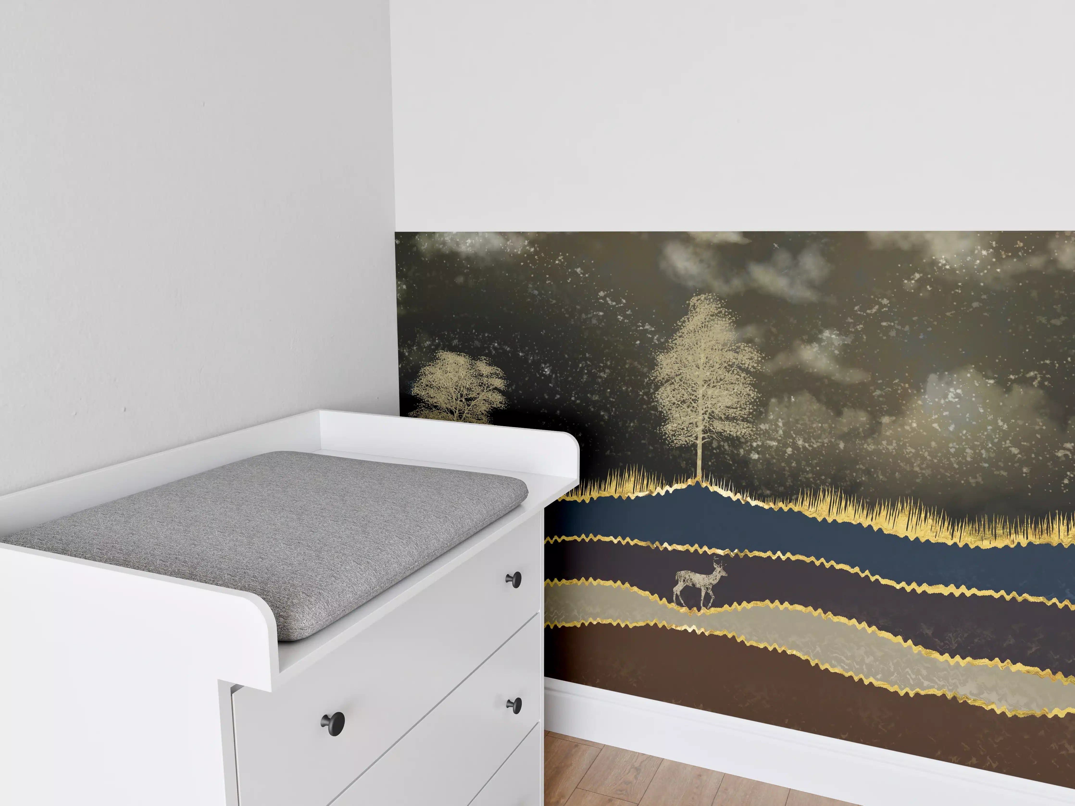 Babyzimmer Wandgestaltung - Goldene Sonne Dunkler Wald Hirsch