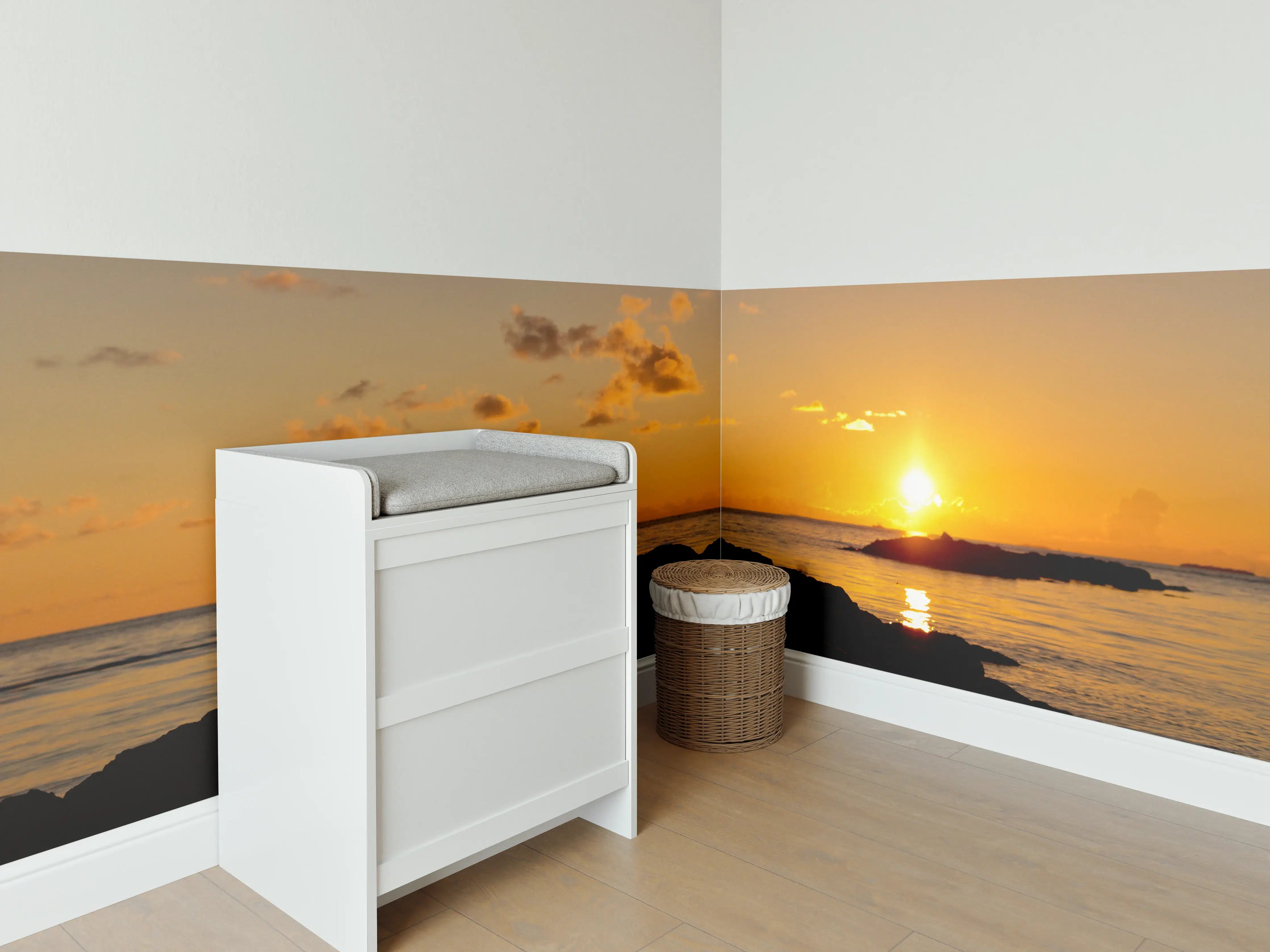 Babyzimmer Wandgestaltung - Goldene Sonnenuntergangsszene mit Seevogel