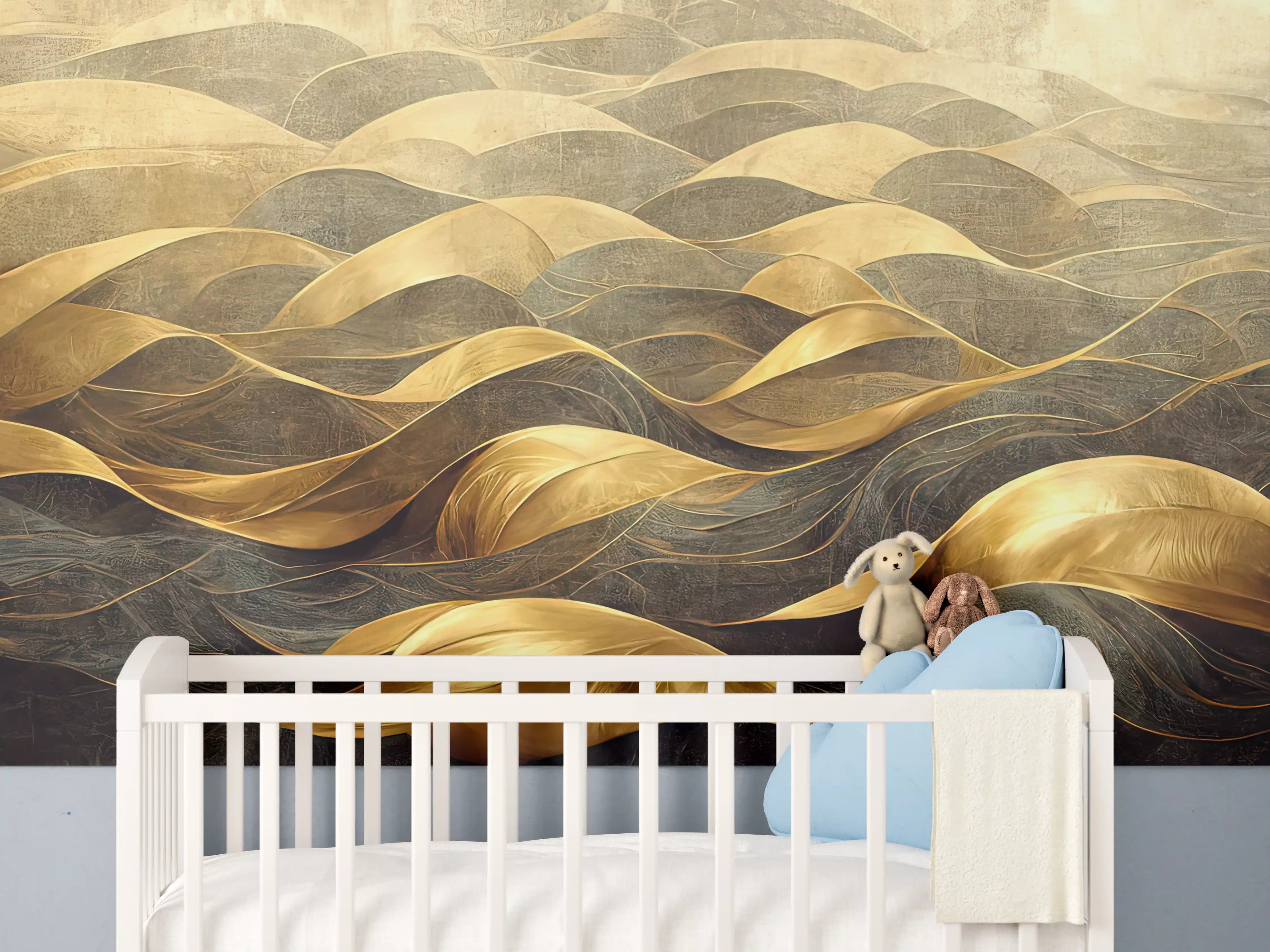Babyzimmer Wandgestaltung - Goldene Wellen auf dunklem Hintergrund