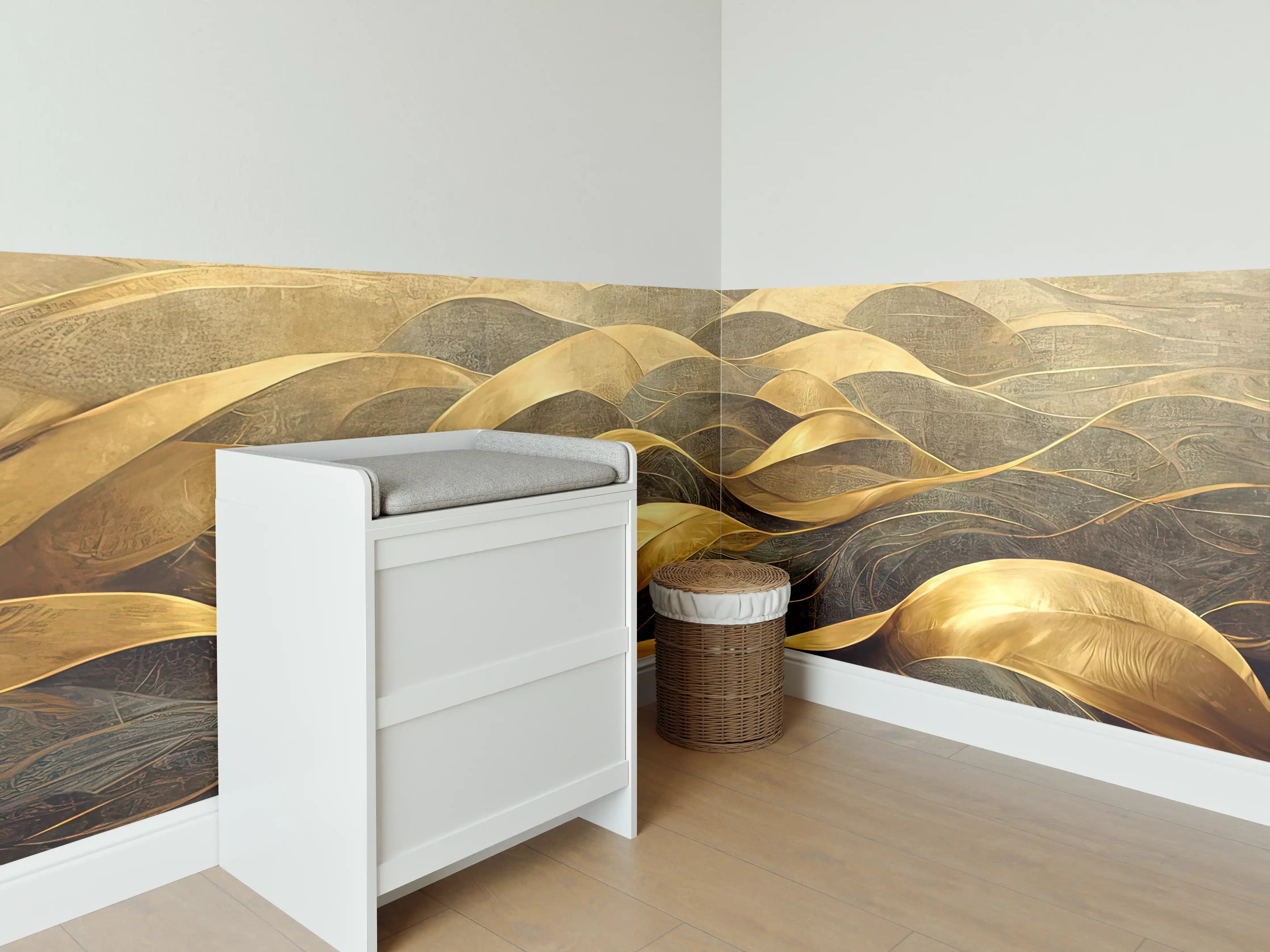 Babyzimmer Wandgestaltung - Goldene Wellen auf dunklem Hintergrund