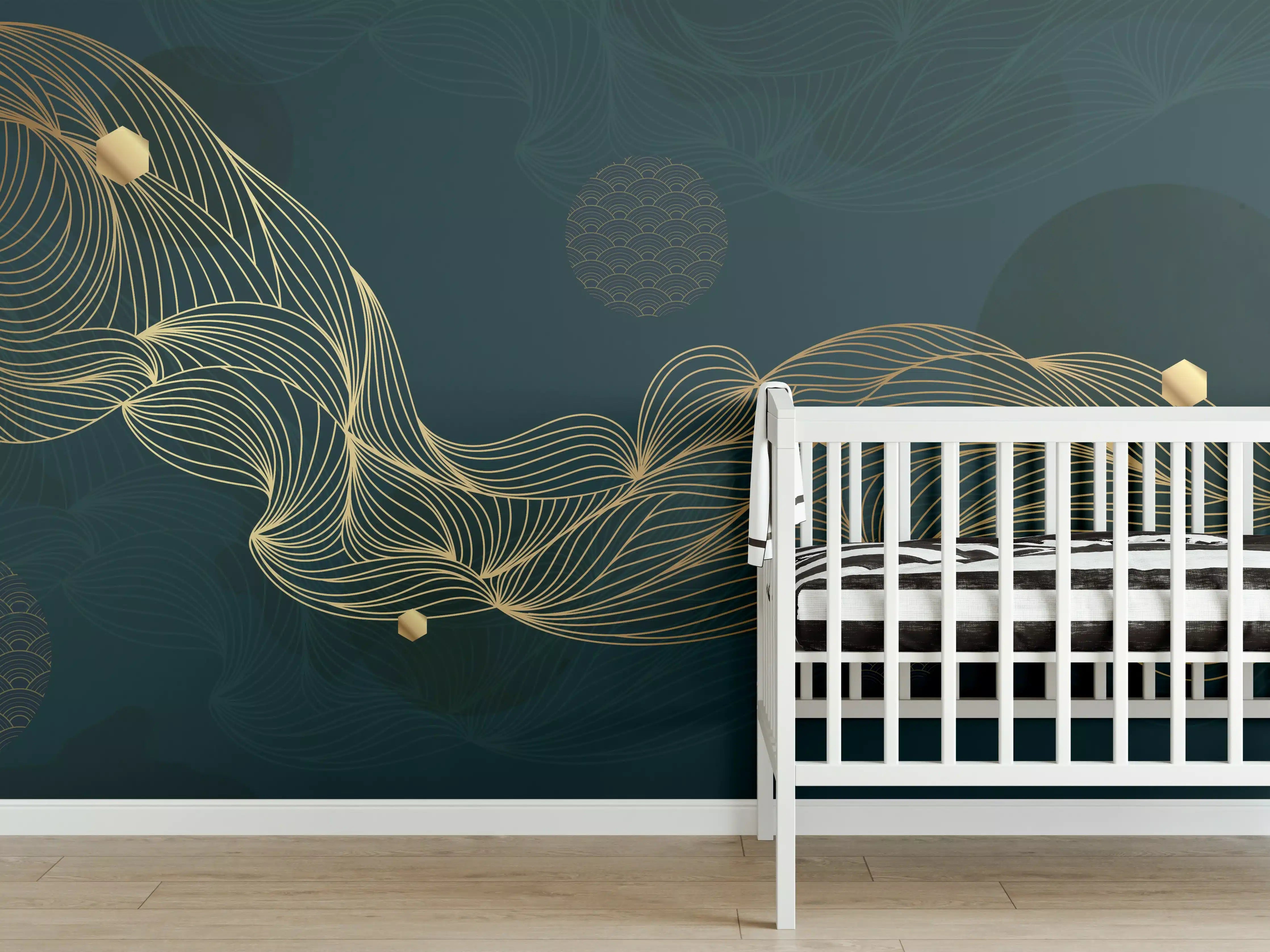 Babyzimmer Wandgestaltung - Goldene Wellenlinien auf Dunkelblau