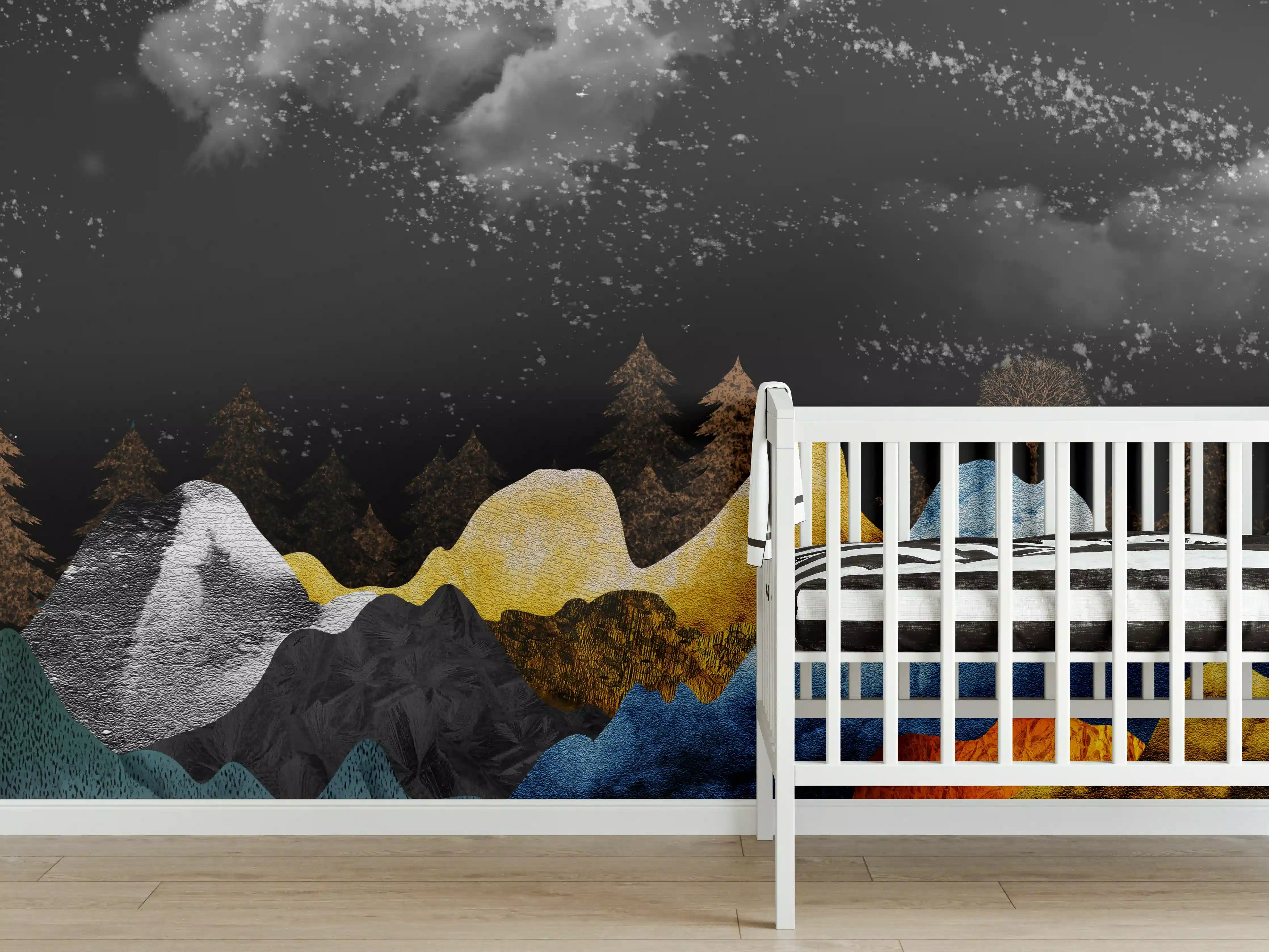 Babyzimmer Wandgestaltung - Goldene Winterberge Wandtapete