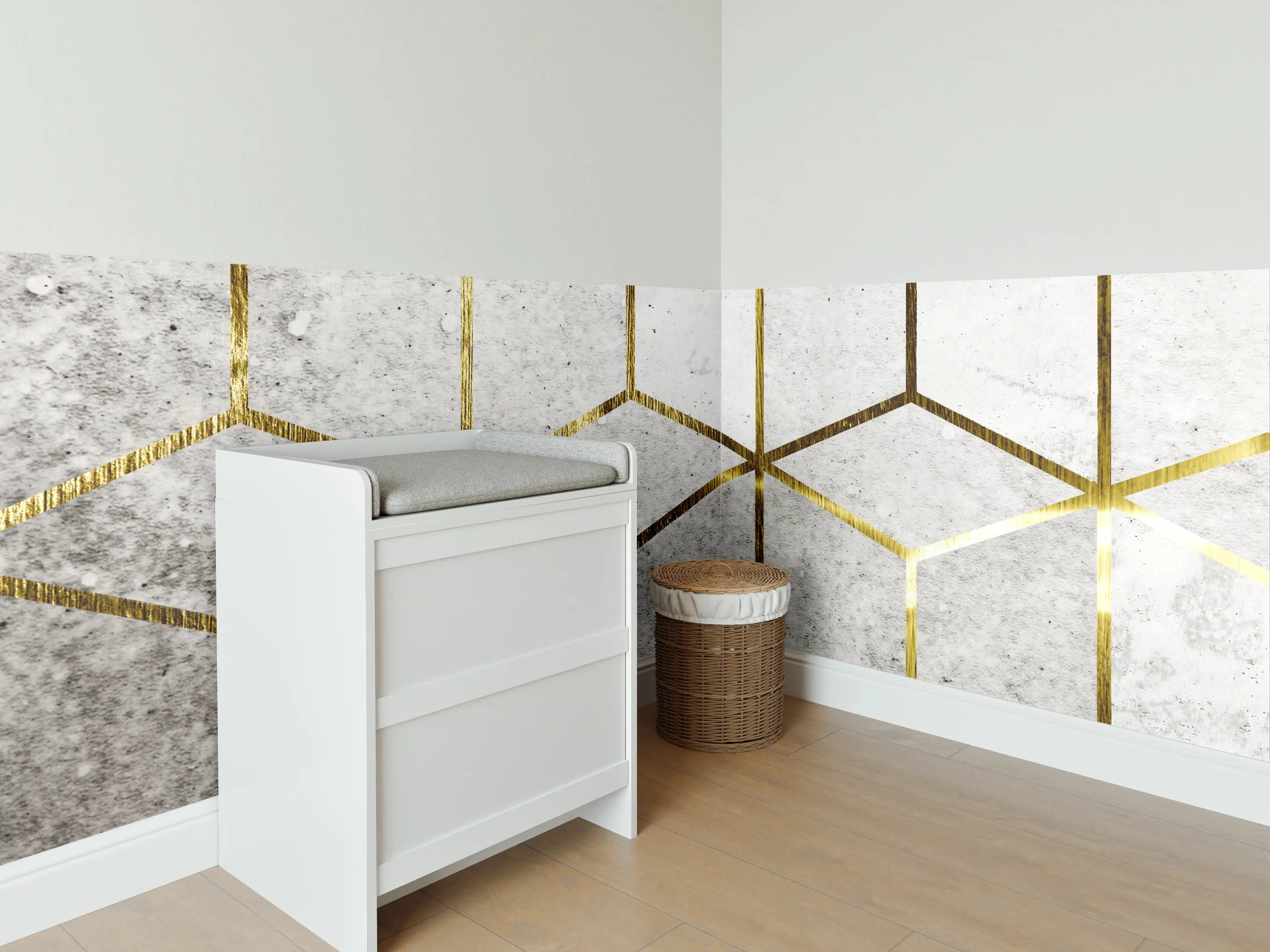 Babyzimmer Wandgestaltung - Goldene geometrische Muster auf hellem Hintergrund