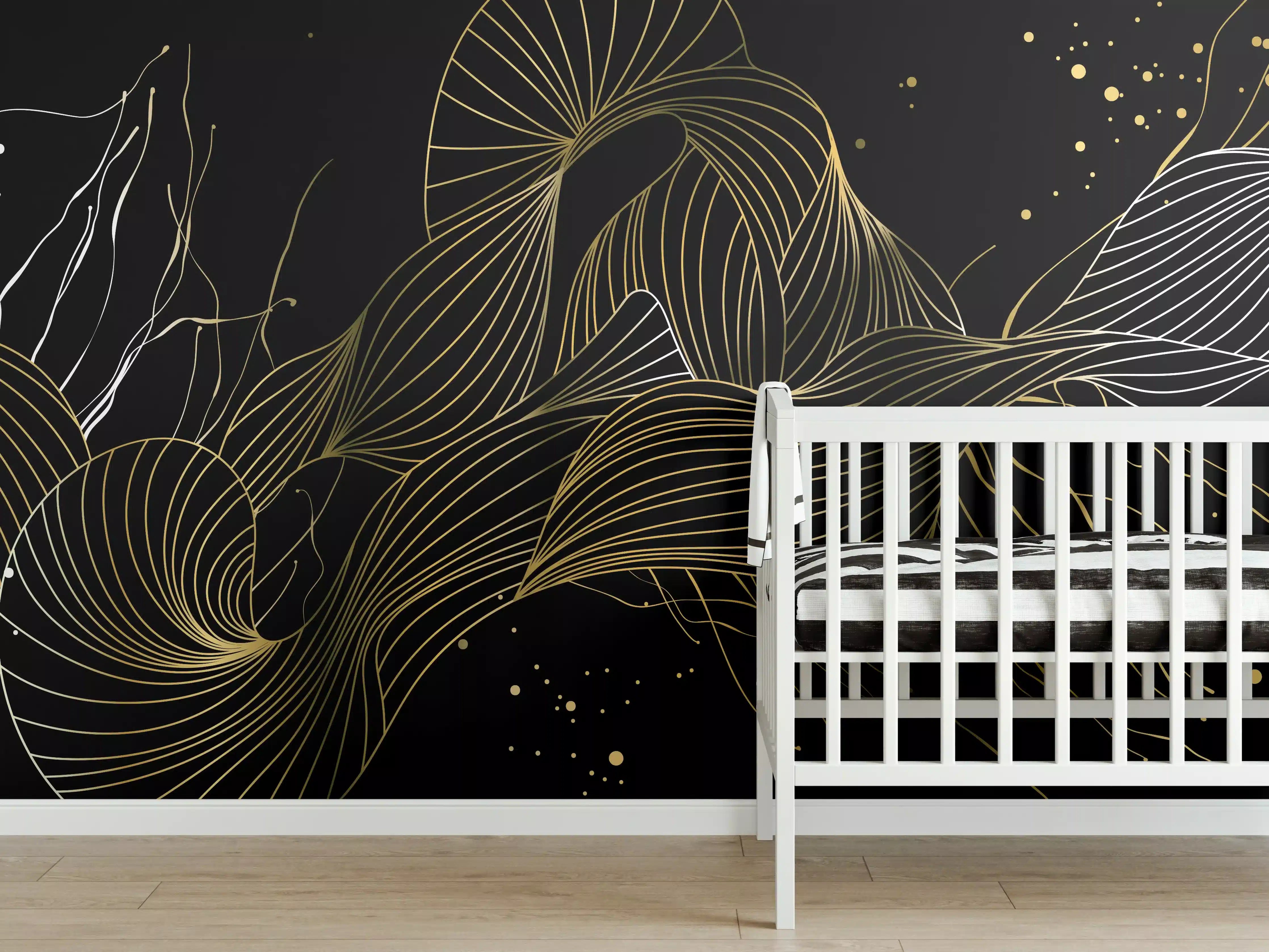 Babyzimmer Wandgestaltung - Goldenes Linienmuster auf Schwarz