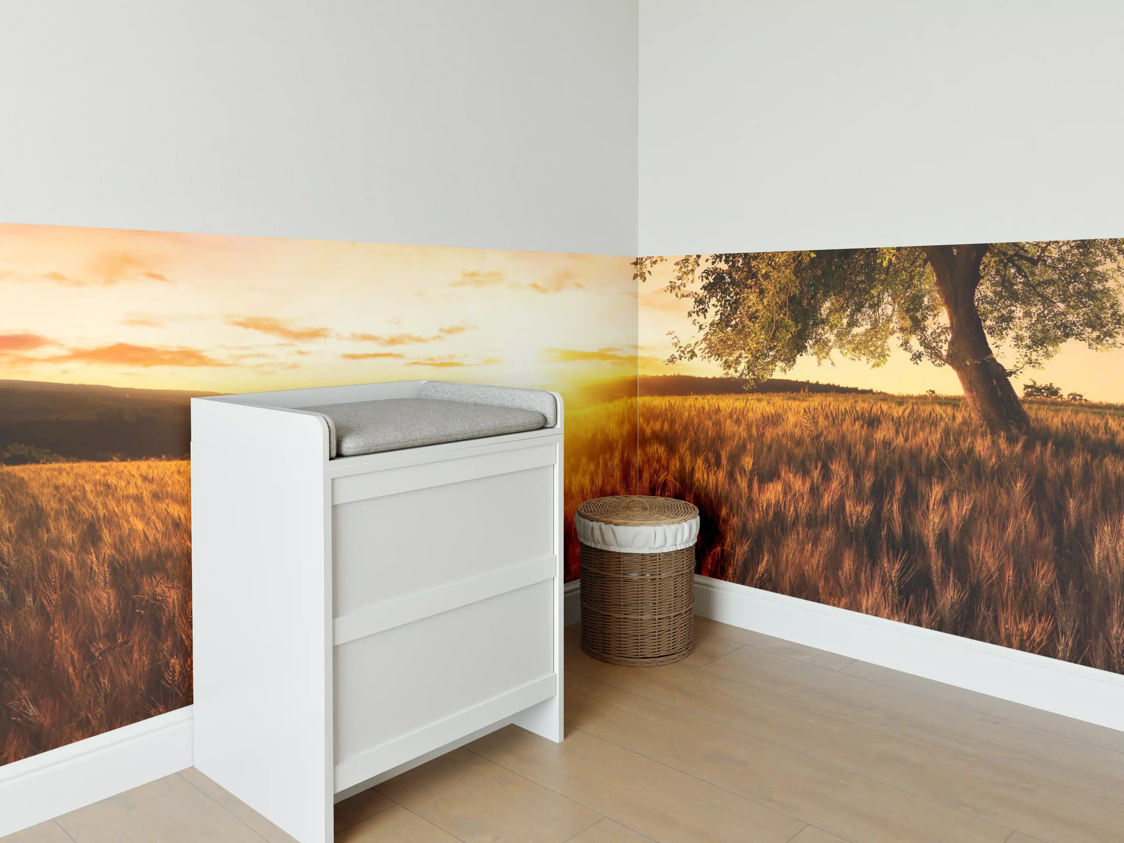 Babyzimmer Wandgestaltung - Goldenes Sonnenuntergangs-Landschaftsbild