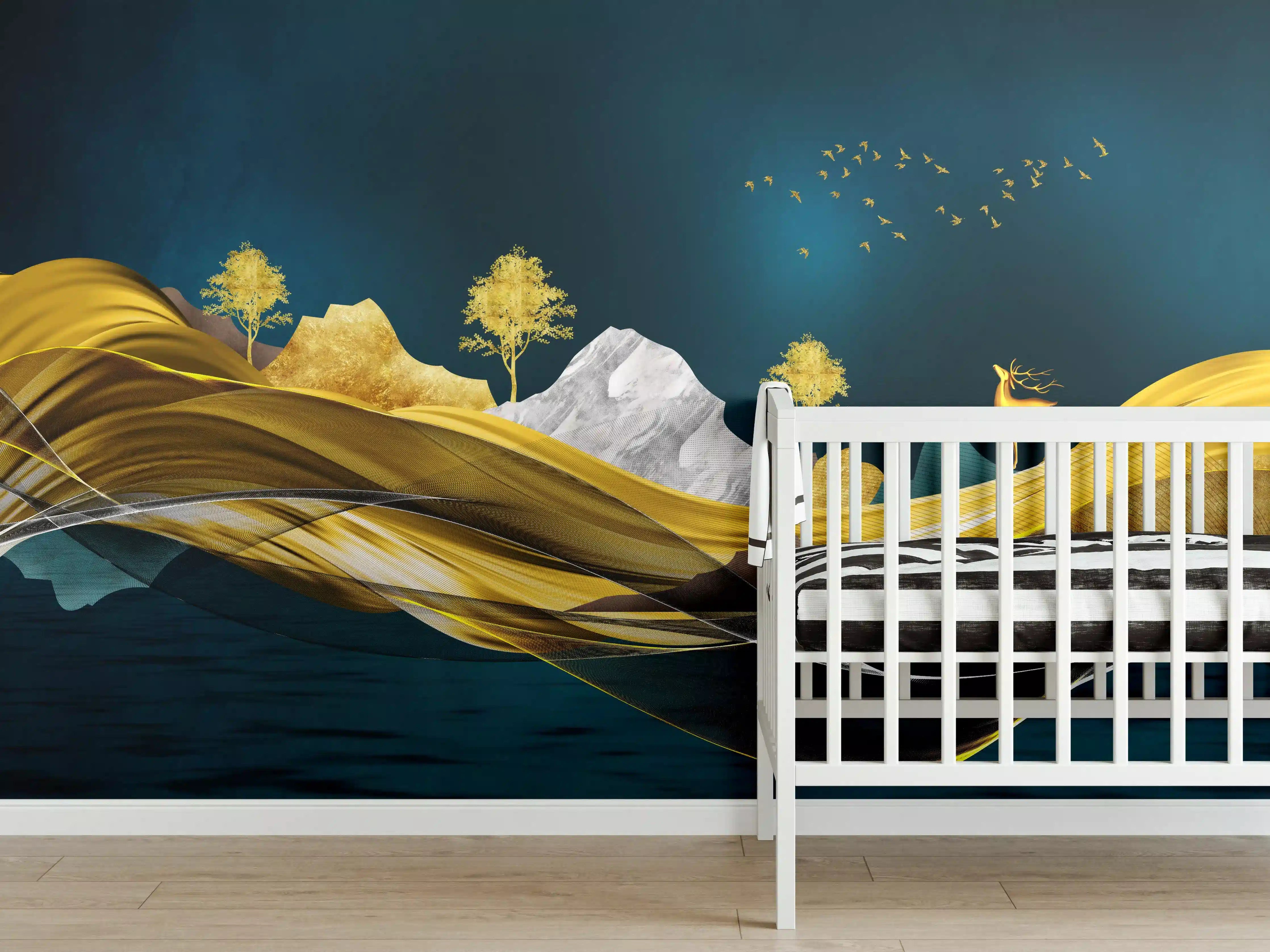 Babyzimmer Wandgestaltung - Goldenes Wellendesign - 3D 
