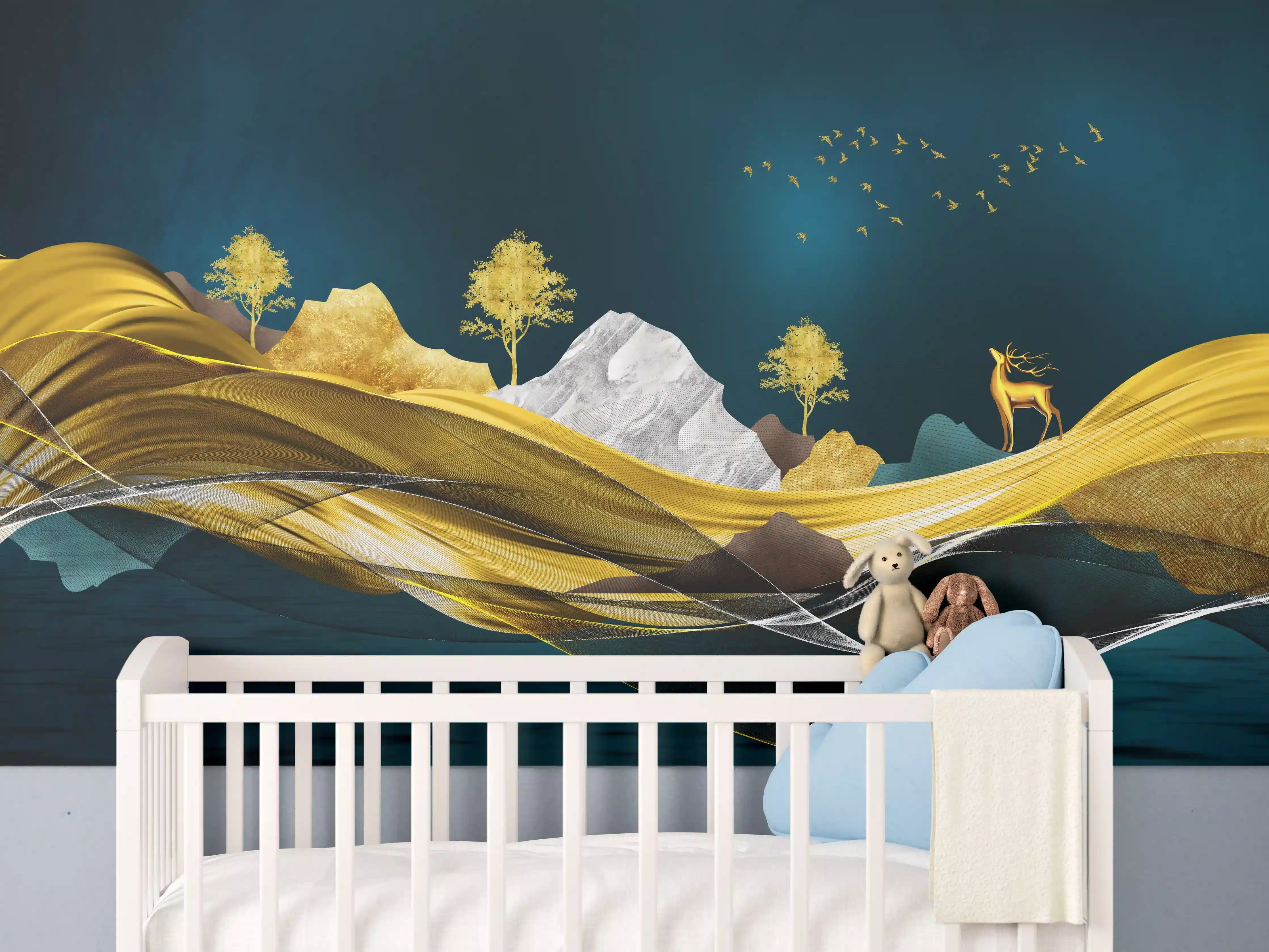 Babyzimmer Wandgestaltung - Goldenes Wellendesign - 3D 
