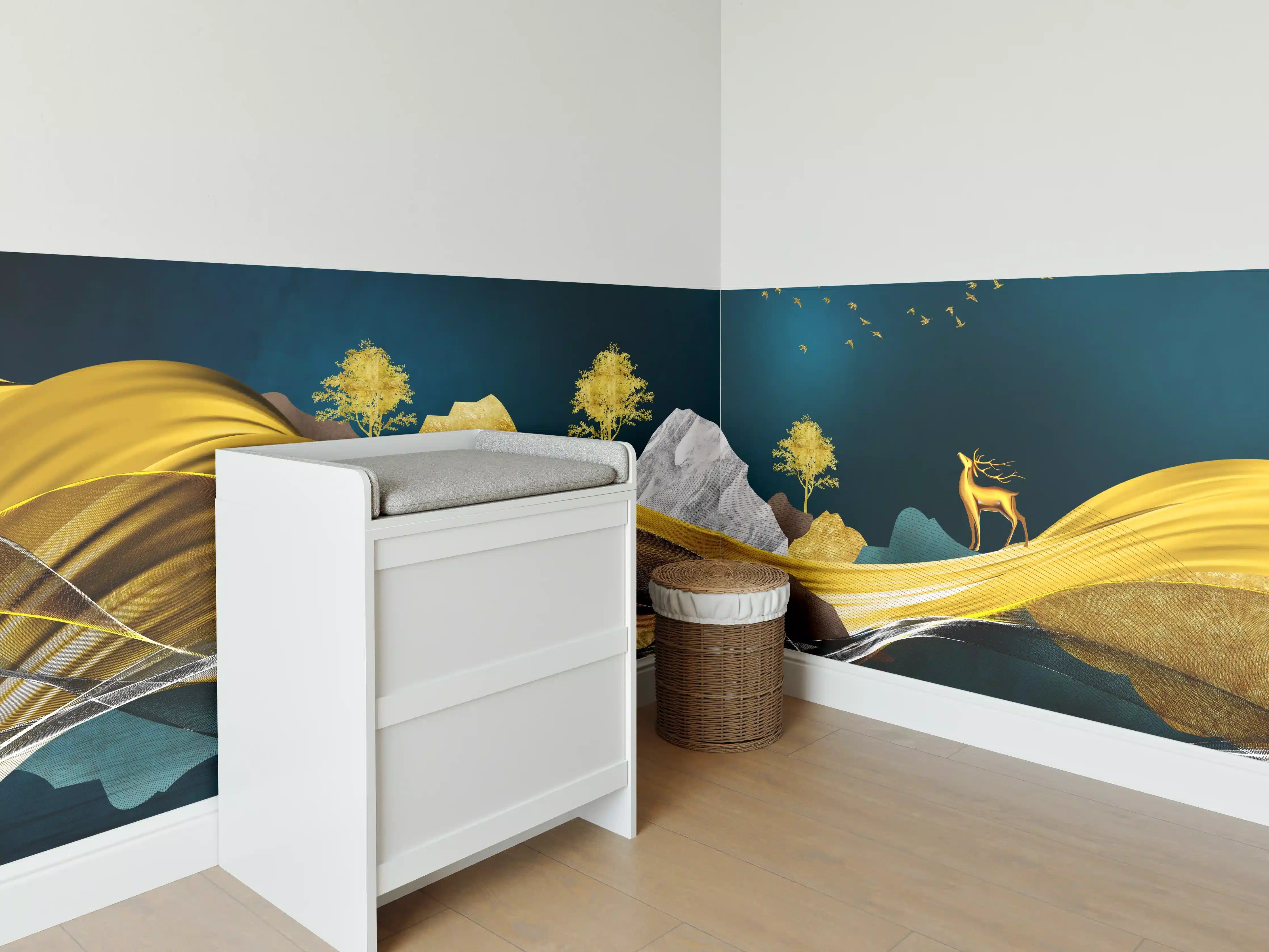 Babyzimmer Wandgestaltung - Goldenes Wellendesign - 3D 
