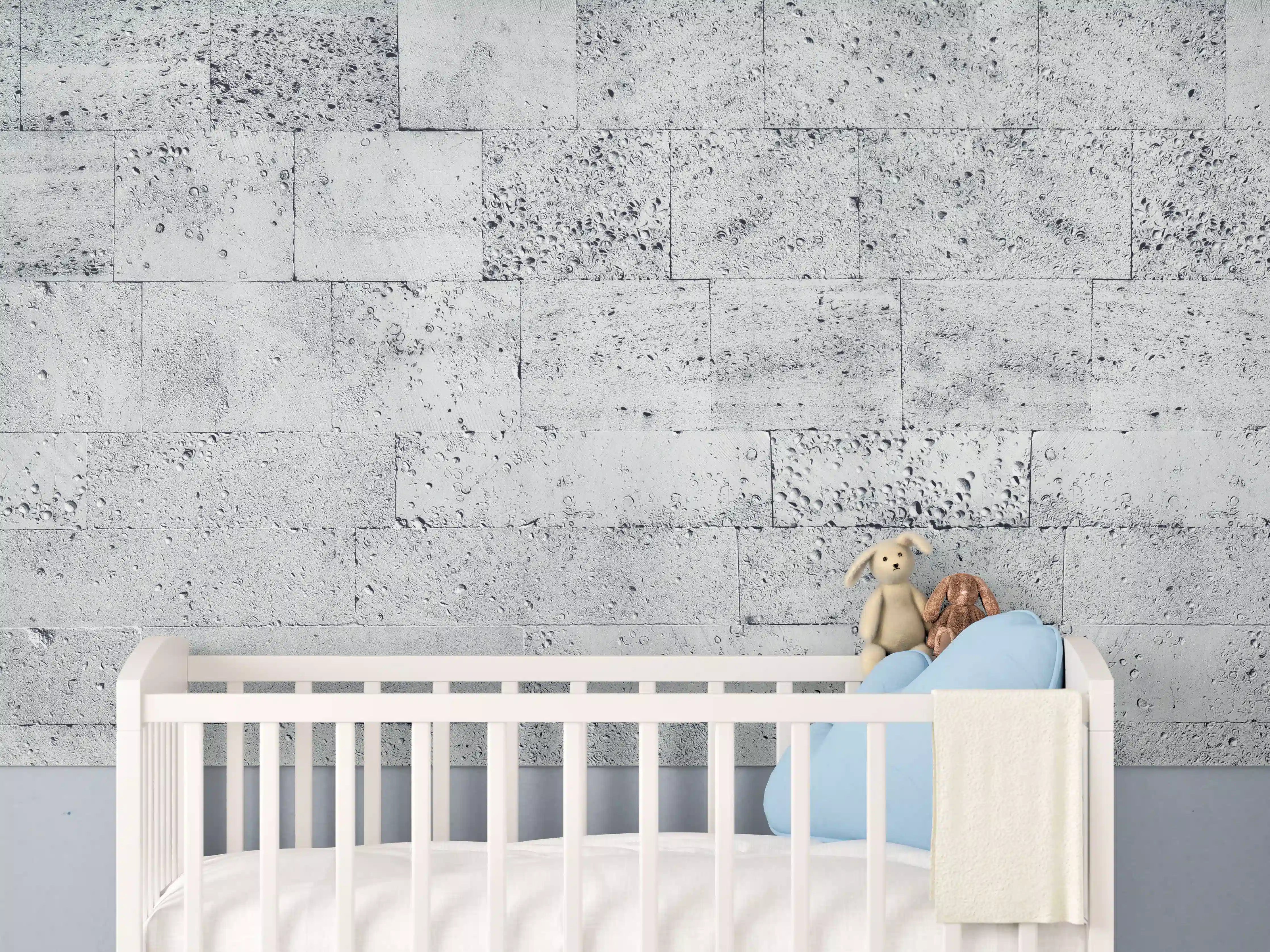 Babyzimmer Wandgestaltung - Gräuliche Tuffstein-Blockwand