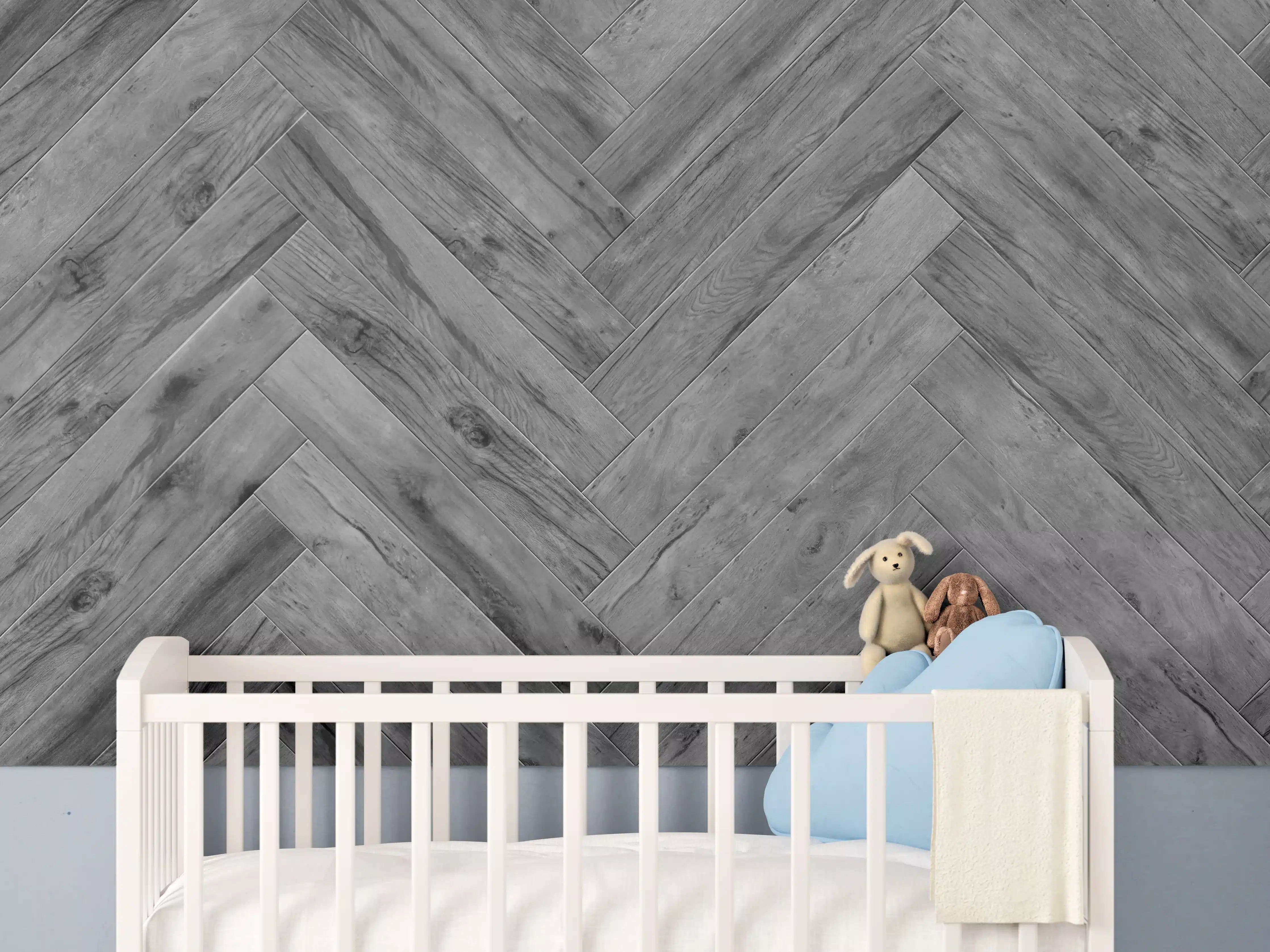 Babyzimmer Wandgestaltung - Gräuliches Holzparkett mit Fischgrätenmuster