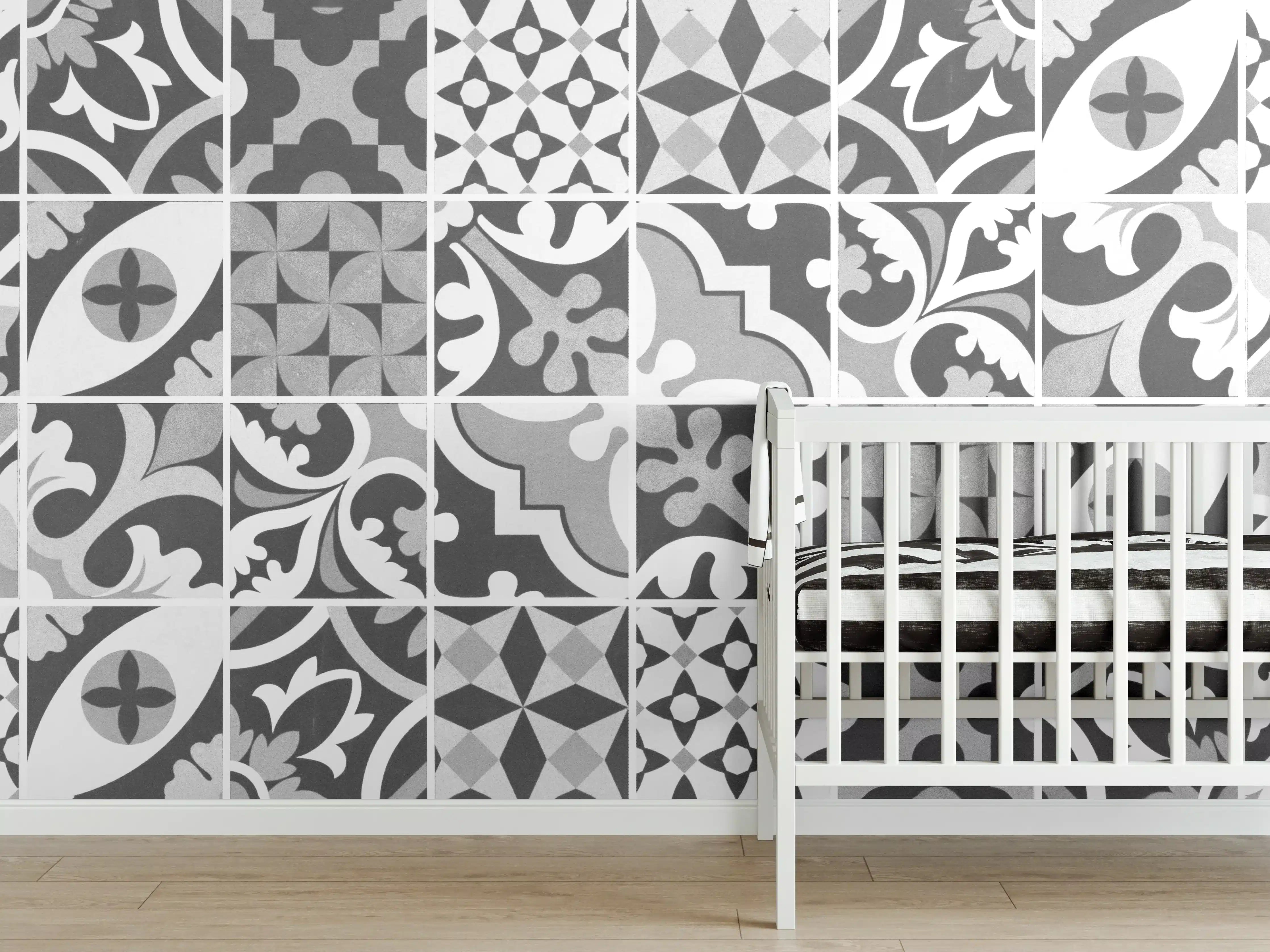 Babyzimmer Wandgestaltung - Grau-Weiß Vintage Mosaik