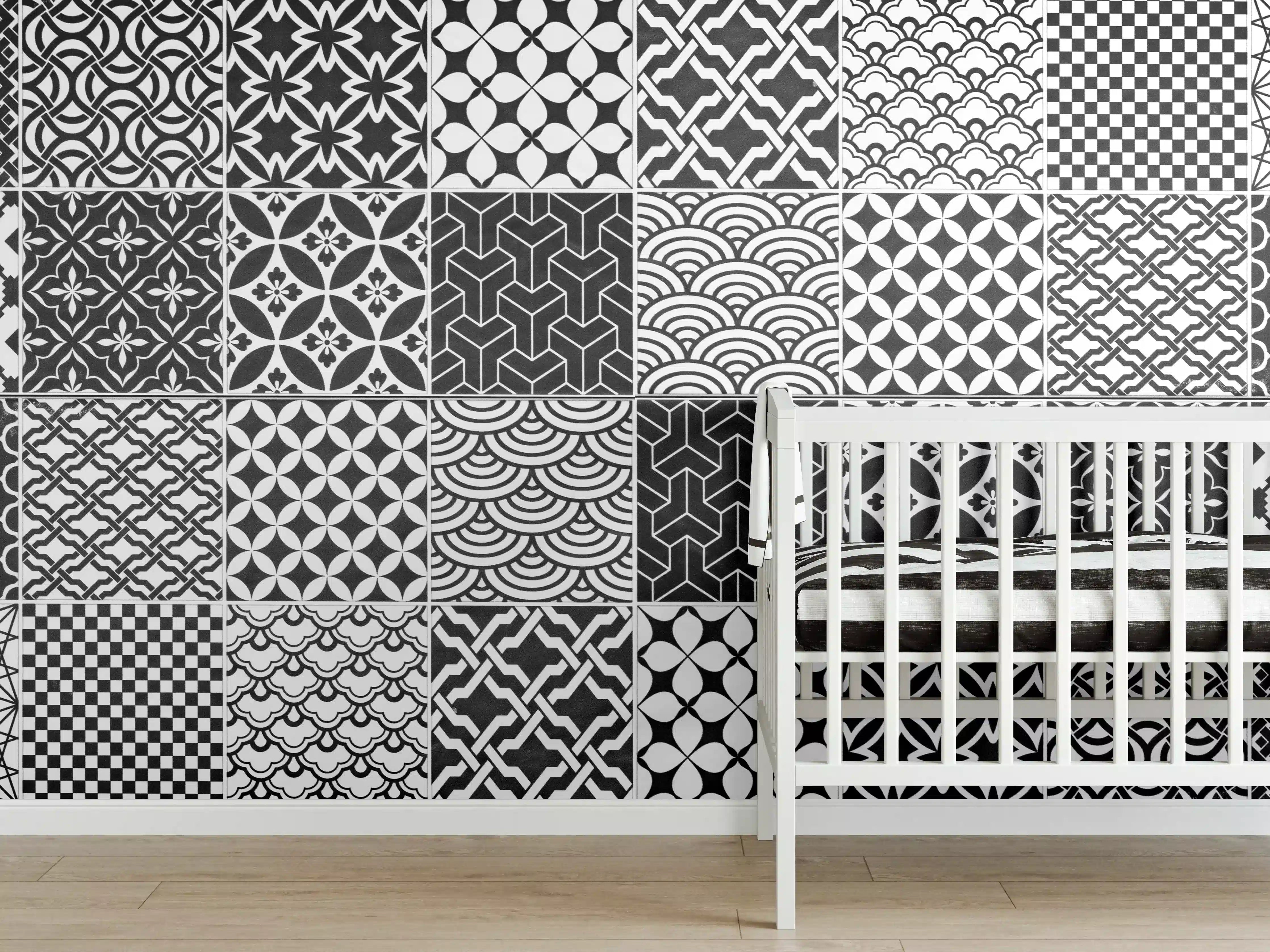 Babyzimmer Wandgestaltung - Grau-Weiß geometrisch Mosaik