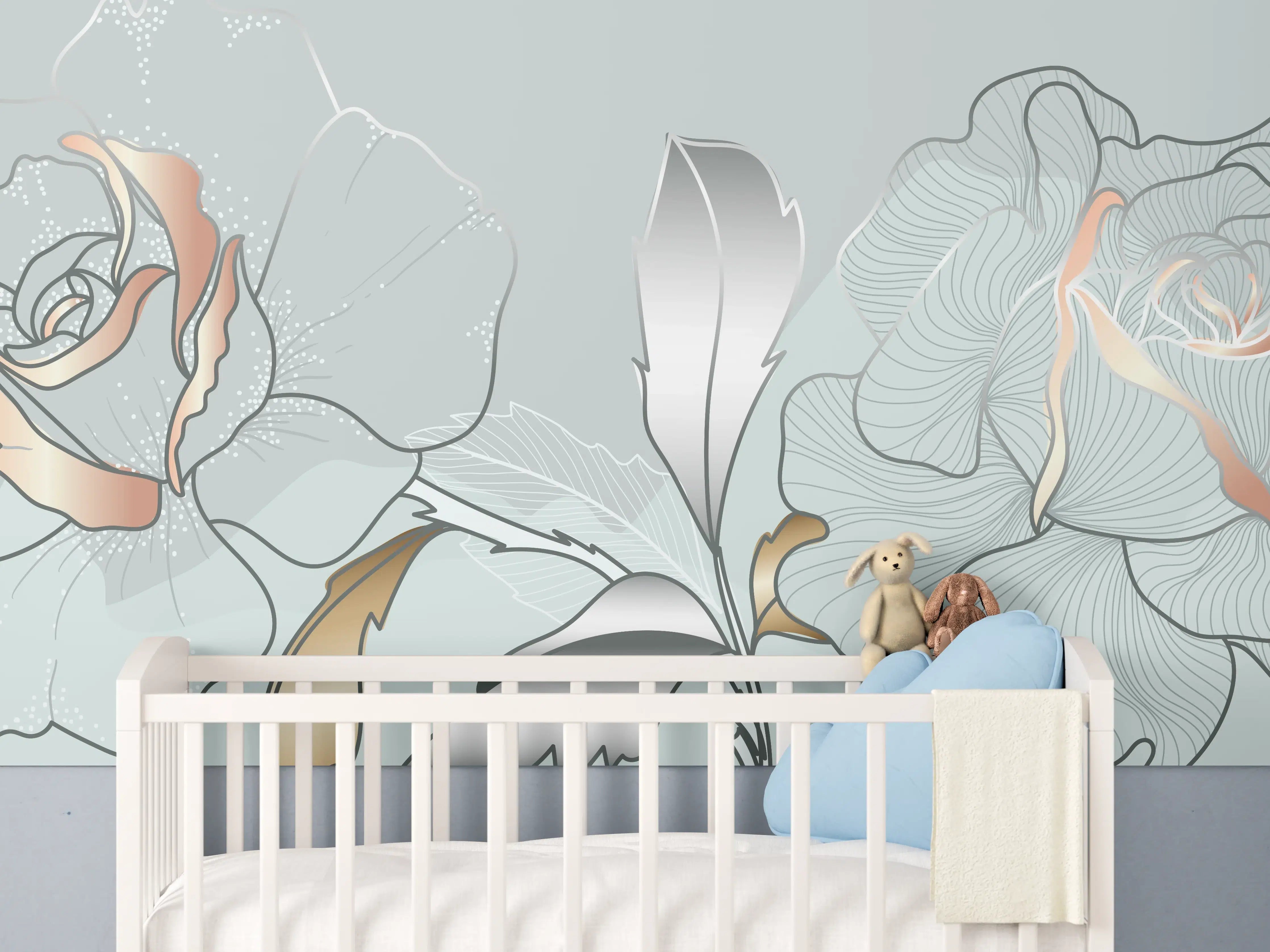Babyzimmer Wandgestaltung - Grau-Weiße Blumenillustration