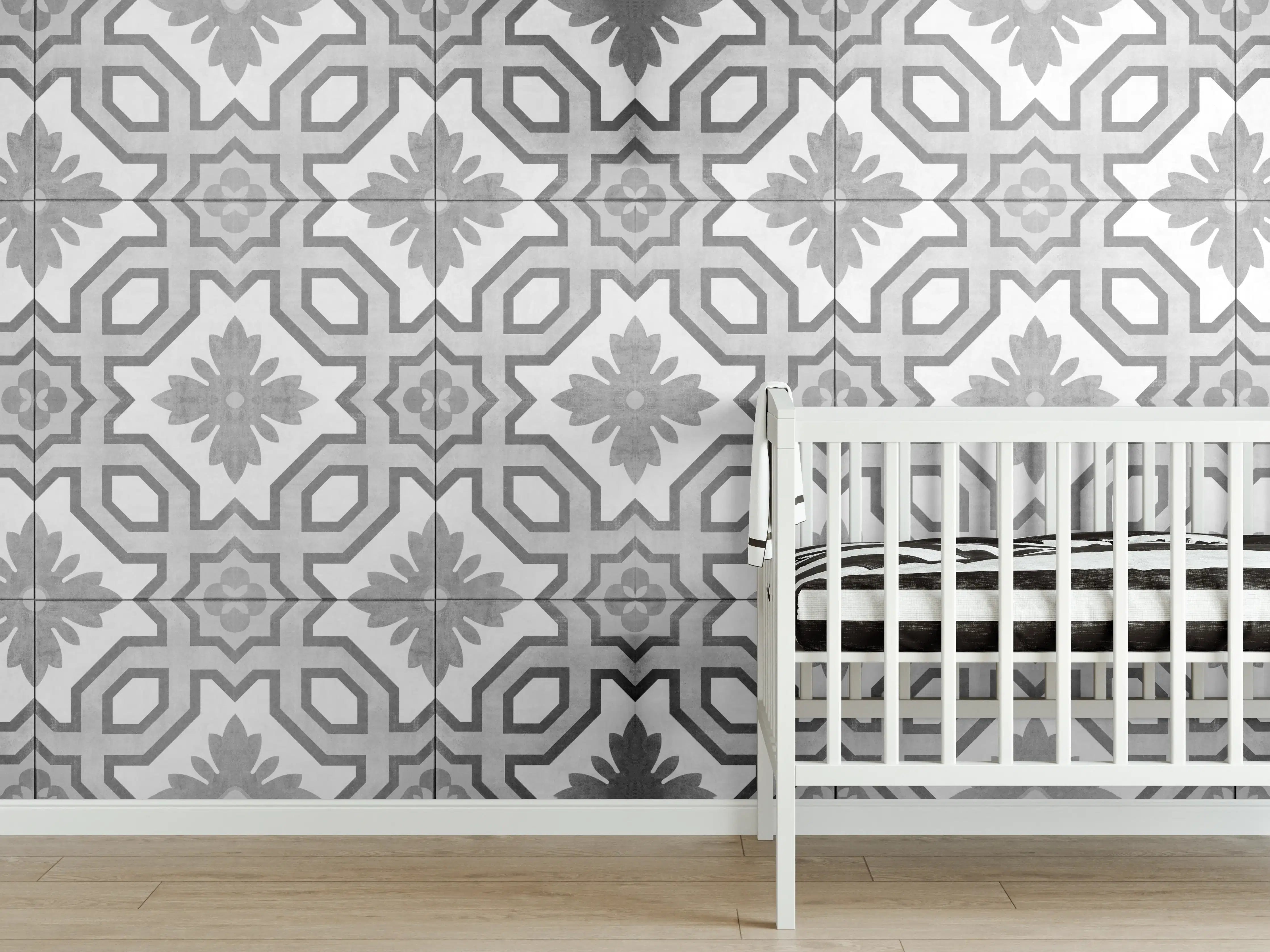 Babyzimmer Wandgestaltung - Grau-Weiße Vintage Retro Fliesen