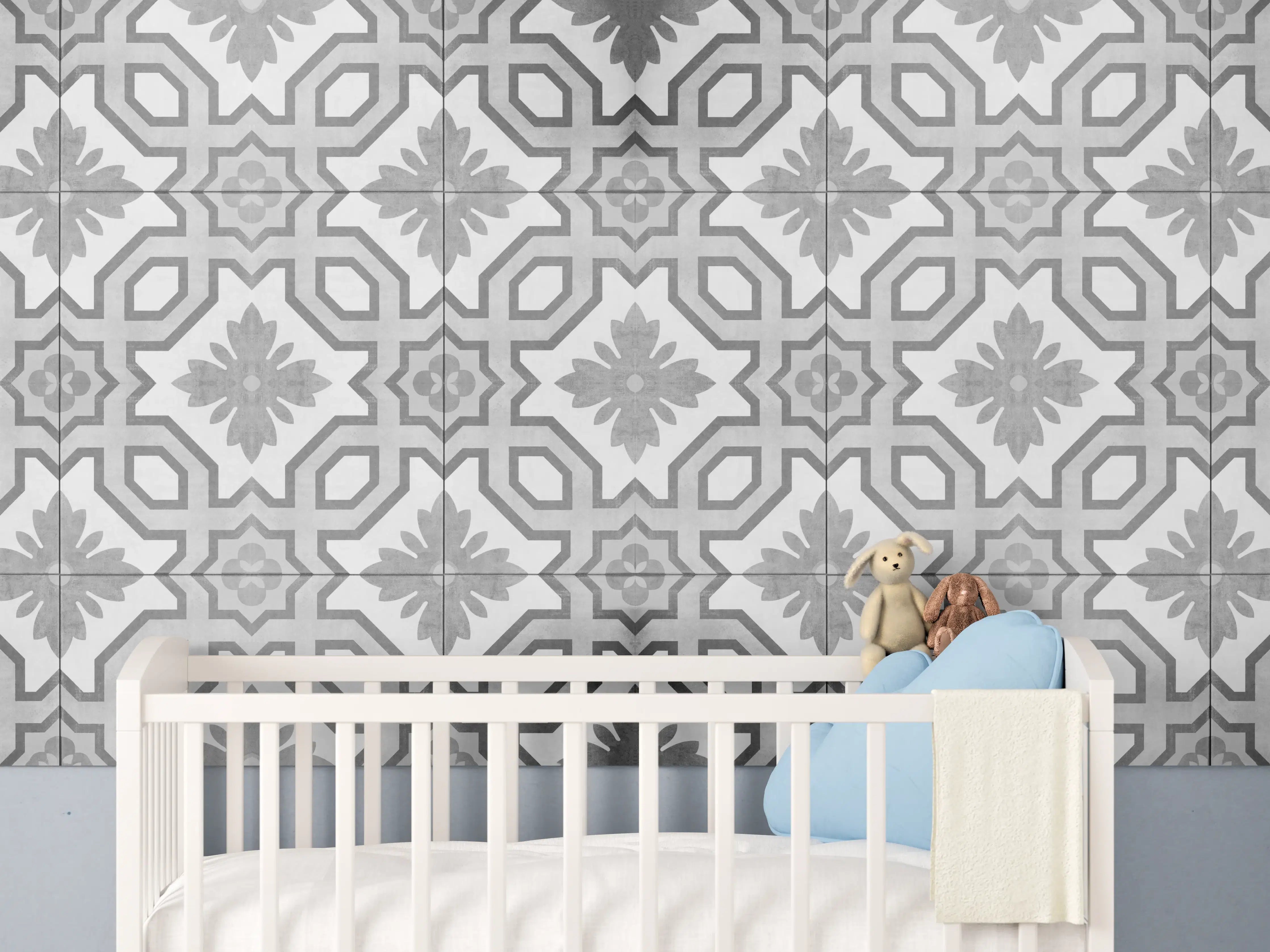Babyzimmer Wandgestaltung - Grau-Weiße Vintage Retro Fliesen