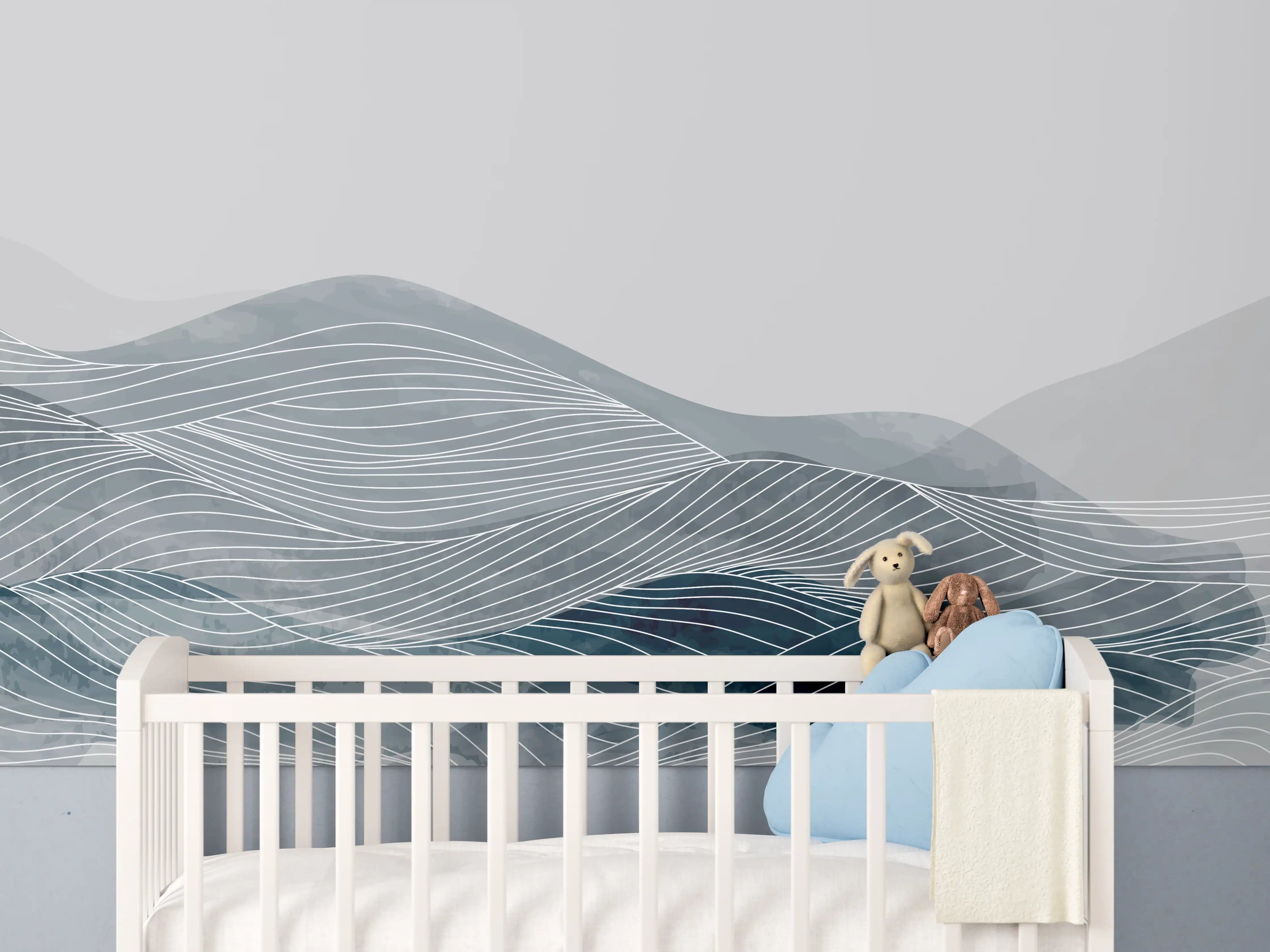 Babyzimmer Wandgestaltung - Grau-Weiße Wellenlinien Kunst