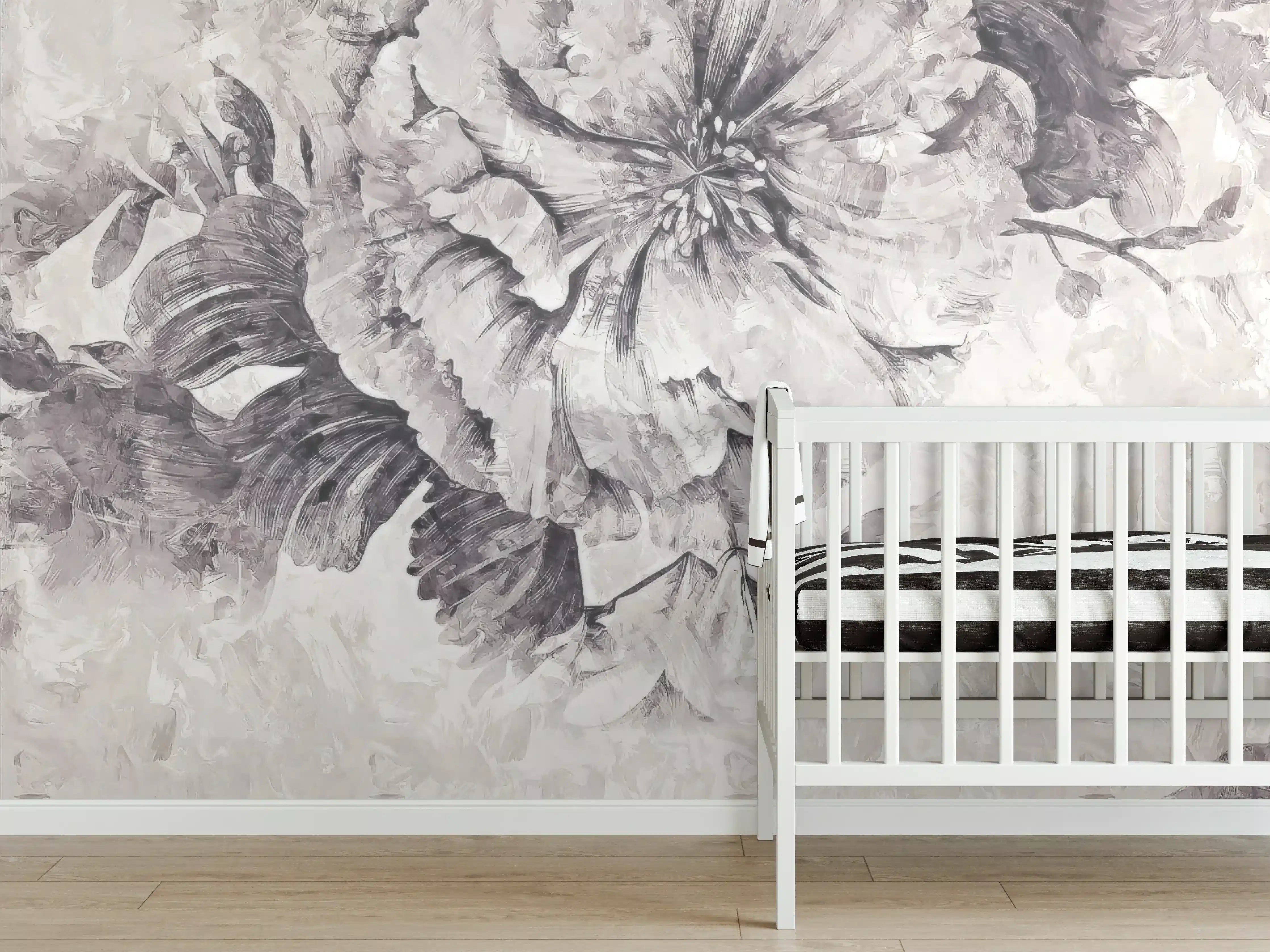 Babyzimmer Wandgestaltung - Grau-Weißes Blumenmuster Poster