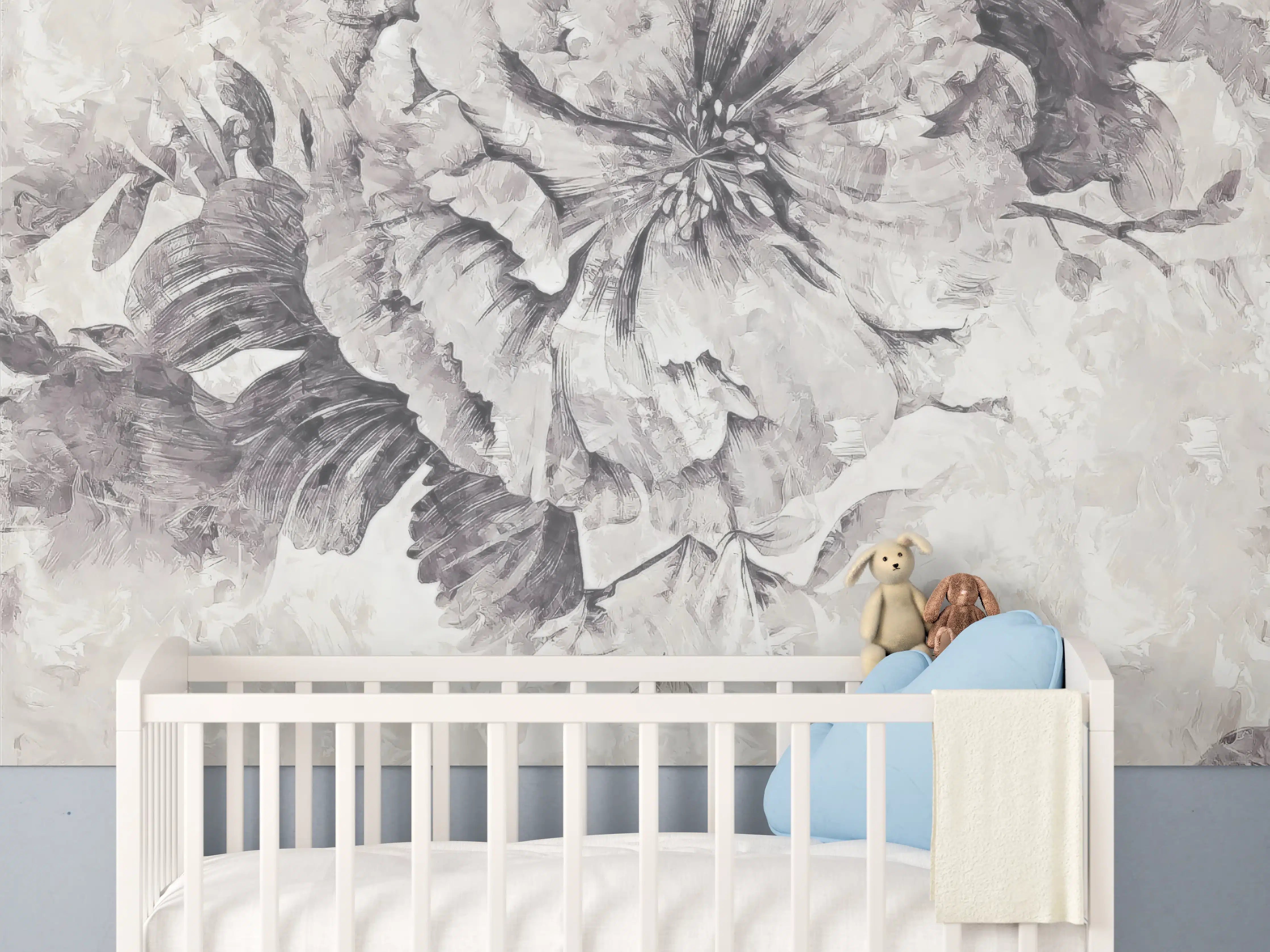 Babyzimmer Wandgestaltung - Grau-Weißes Blumenmuster Poster