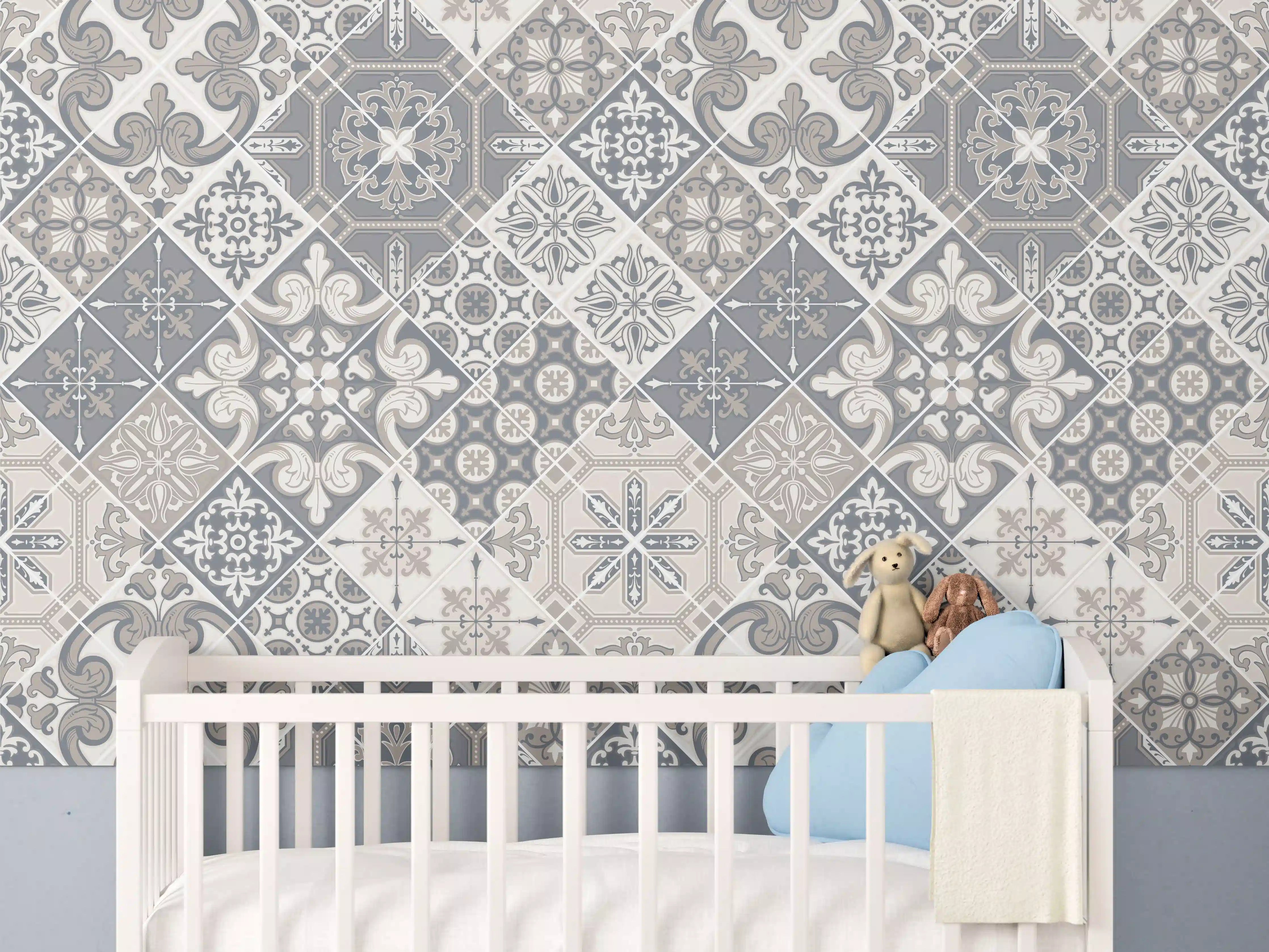 Babyzimmer Wandgestaltung - Grau-Weißes Fliesenmuster