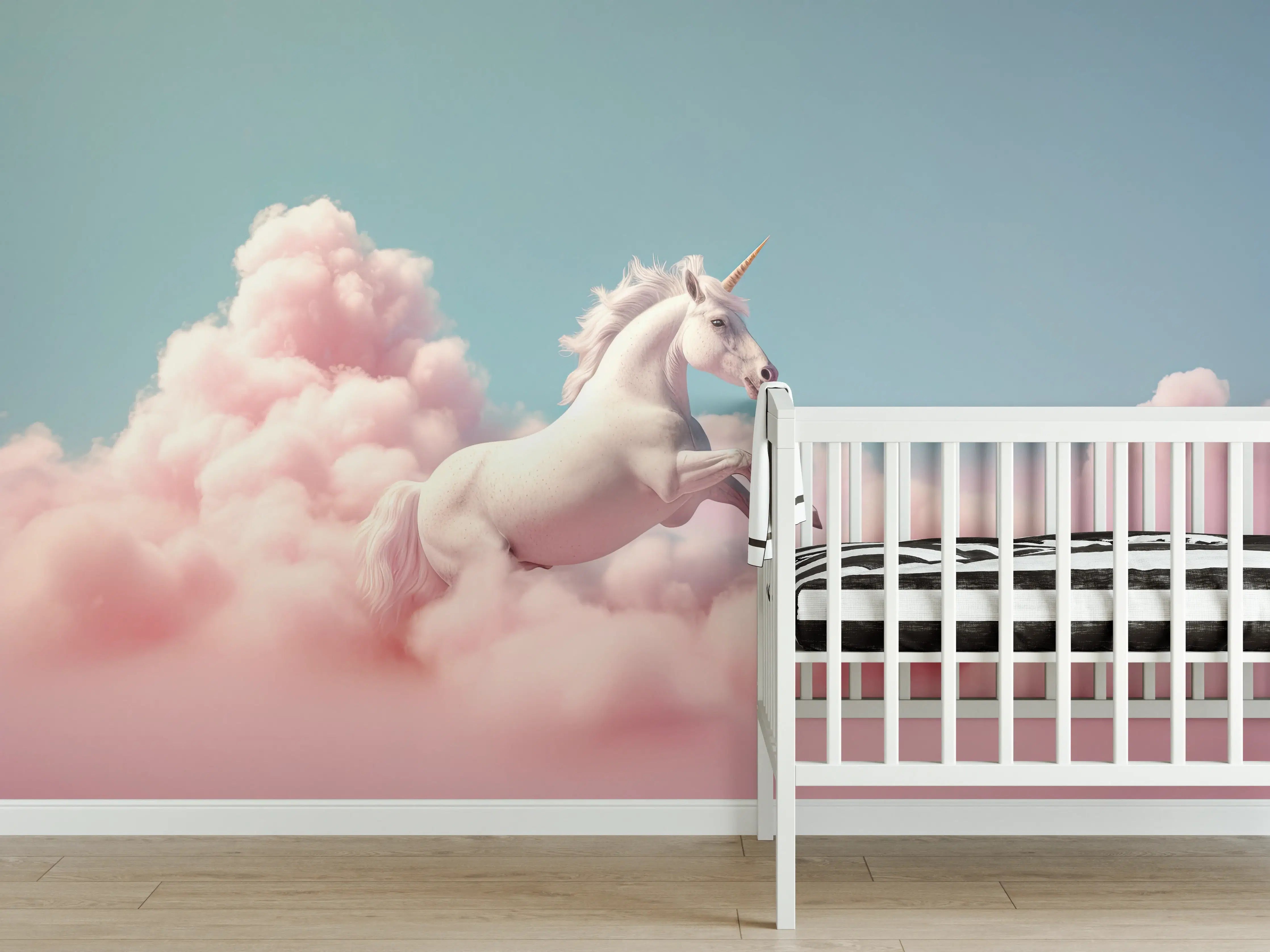 Babyzimmer Wandgestaltung - Grau schimmernder Einhorn-Himmel