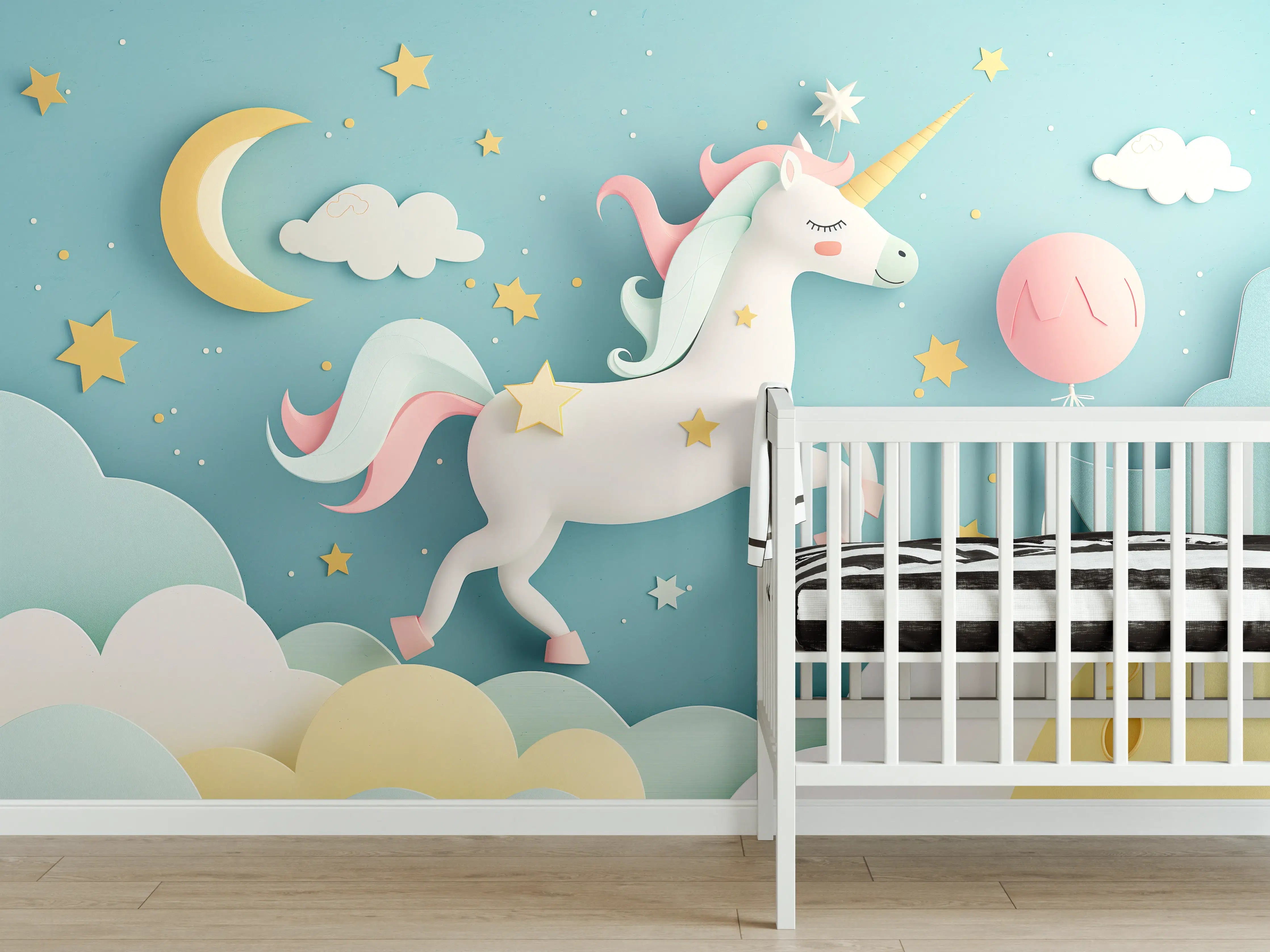 Babyzimmer Wandgestaltung - Grau-weißer Einhorntraum mit Sternen