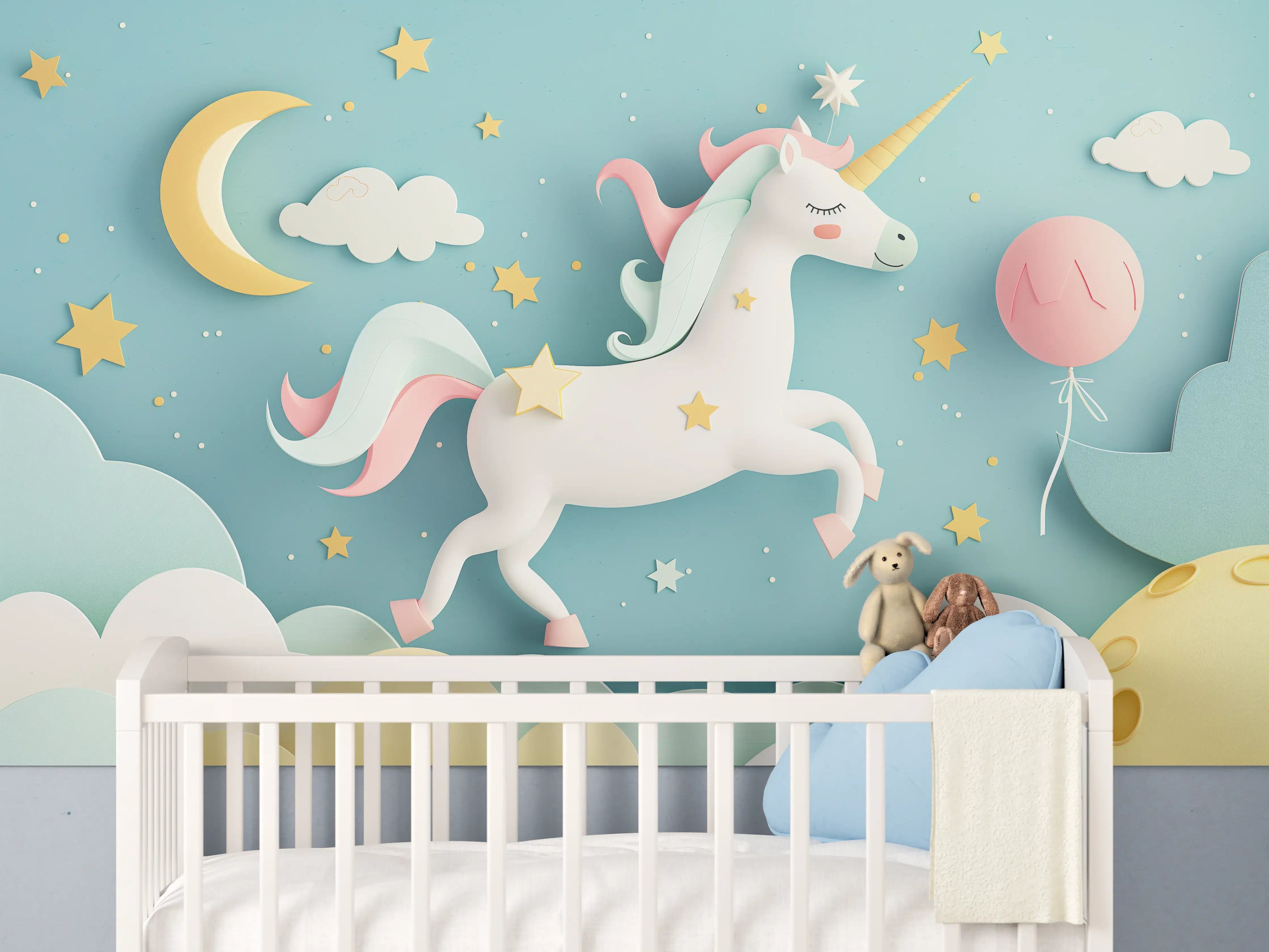 Babyzimmer Wandgestaltung - Grau-weißer Einhorntraum mit Sternen