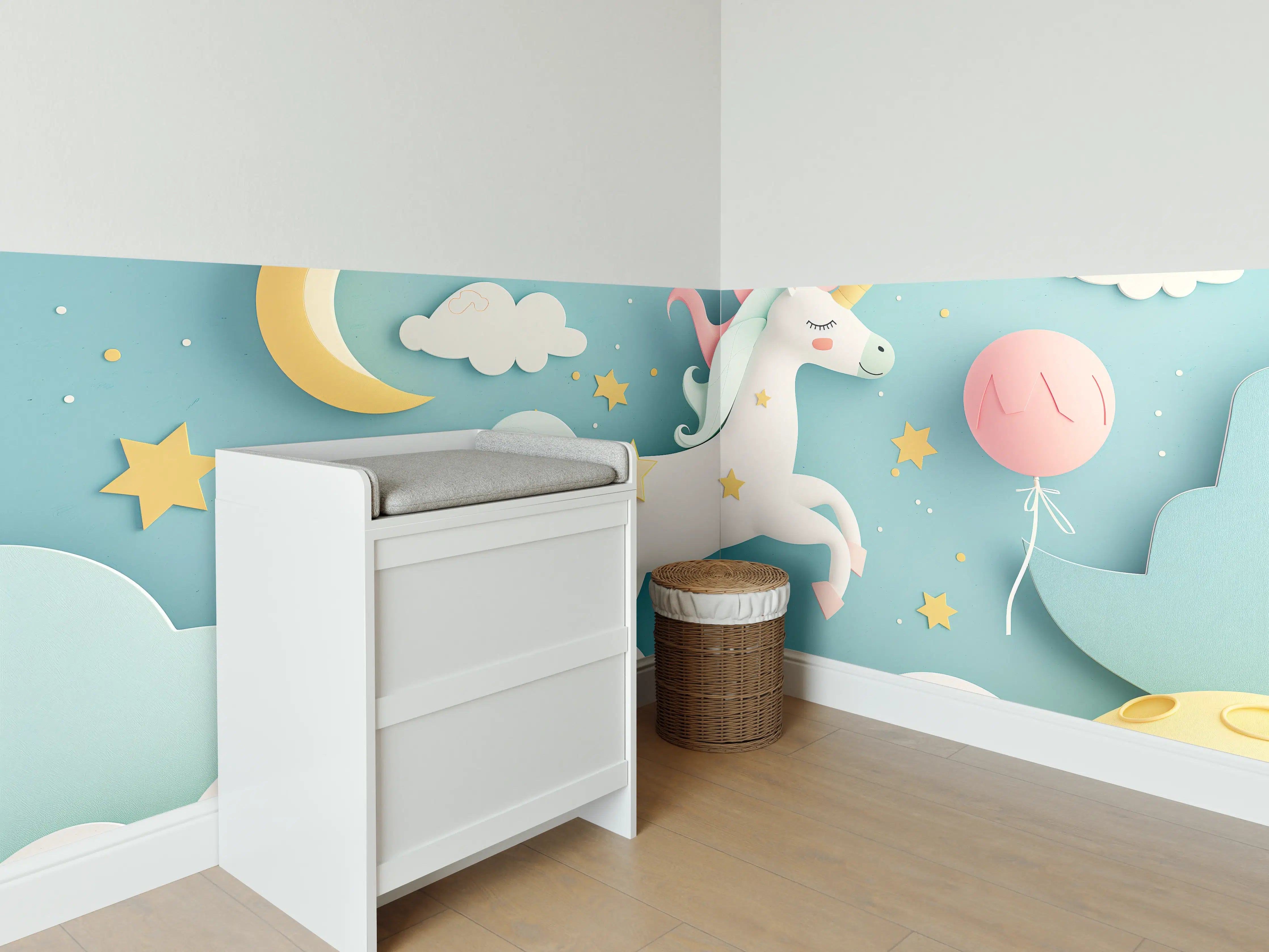 Babyzimmer Wandgestaltung - Grau-weißer Einhorntraum mit Sternen
