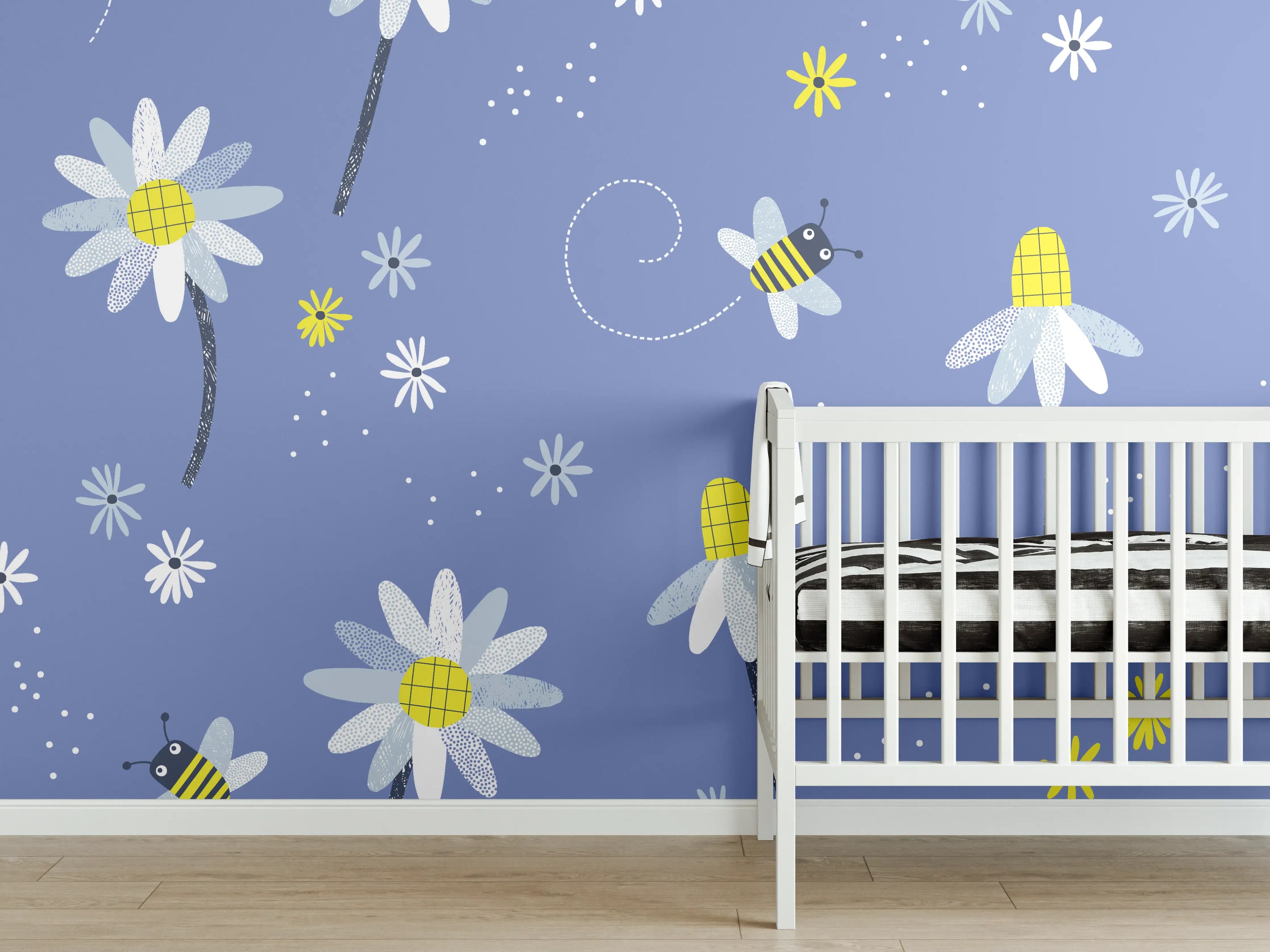 Babyzimmer Wandgestaltung - Graue Blüten und summende Bienen