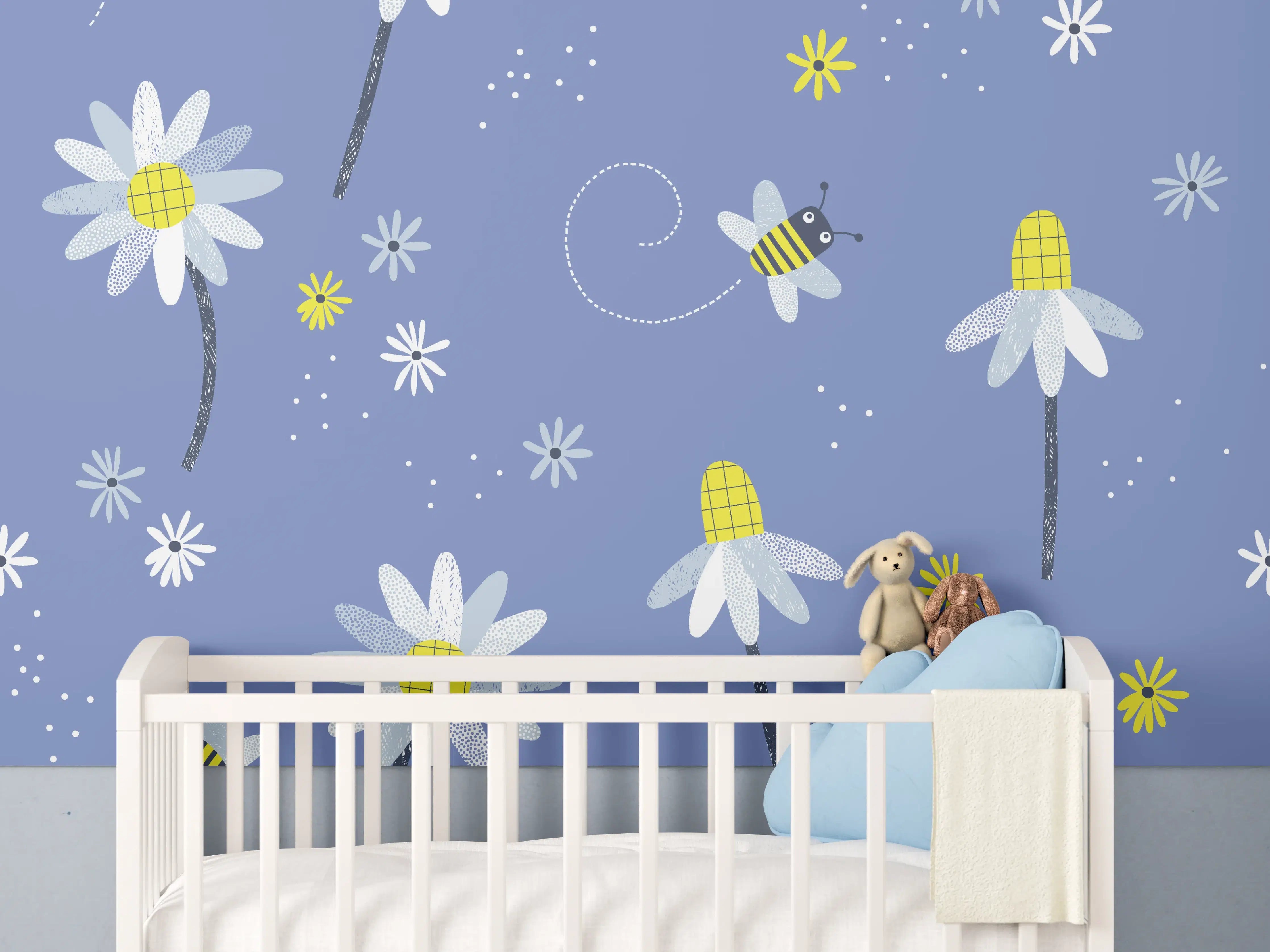 Babyzimmer Wandgestaltung - Graue Blüten und summende Bienen