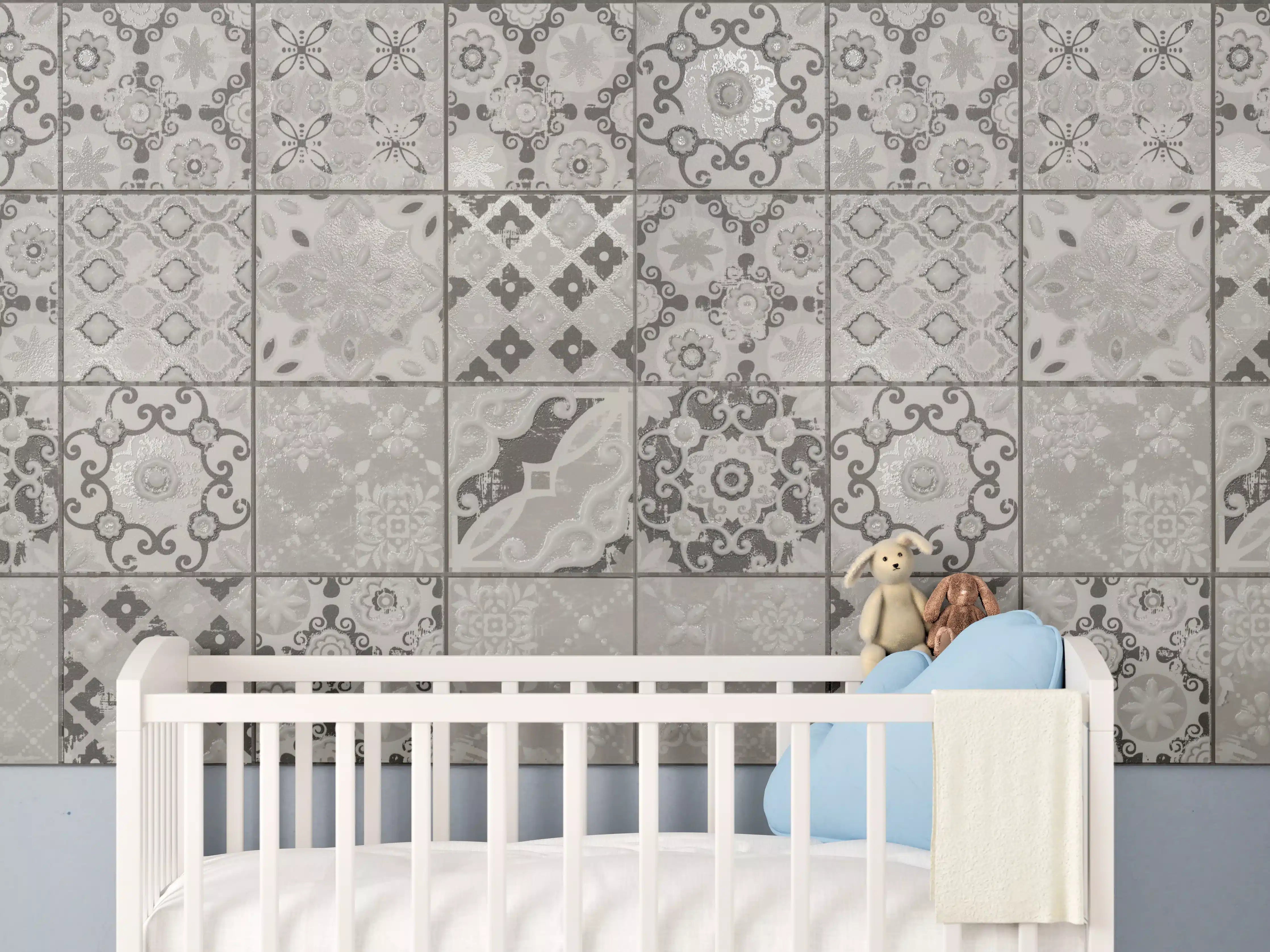 Babyzimmer Wandgestaltung - Graue Fliesenmuster