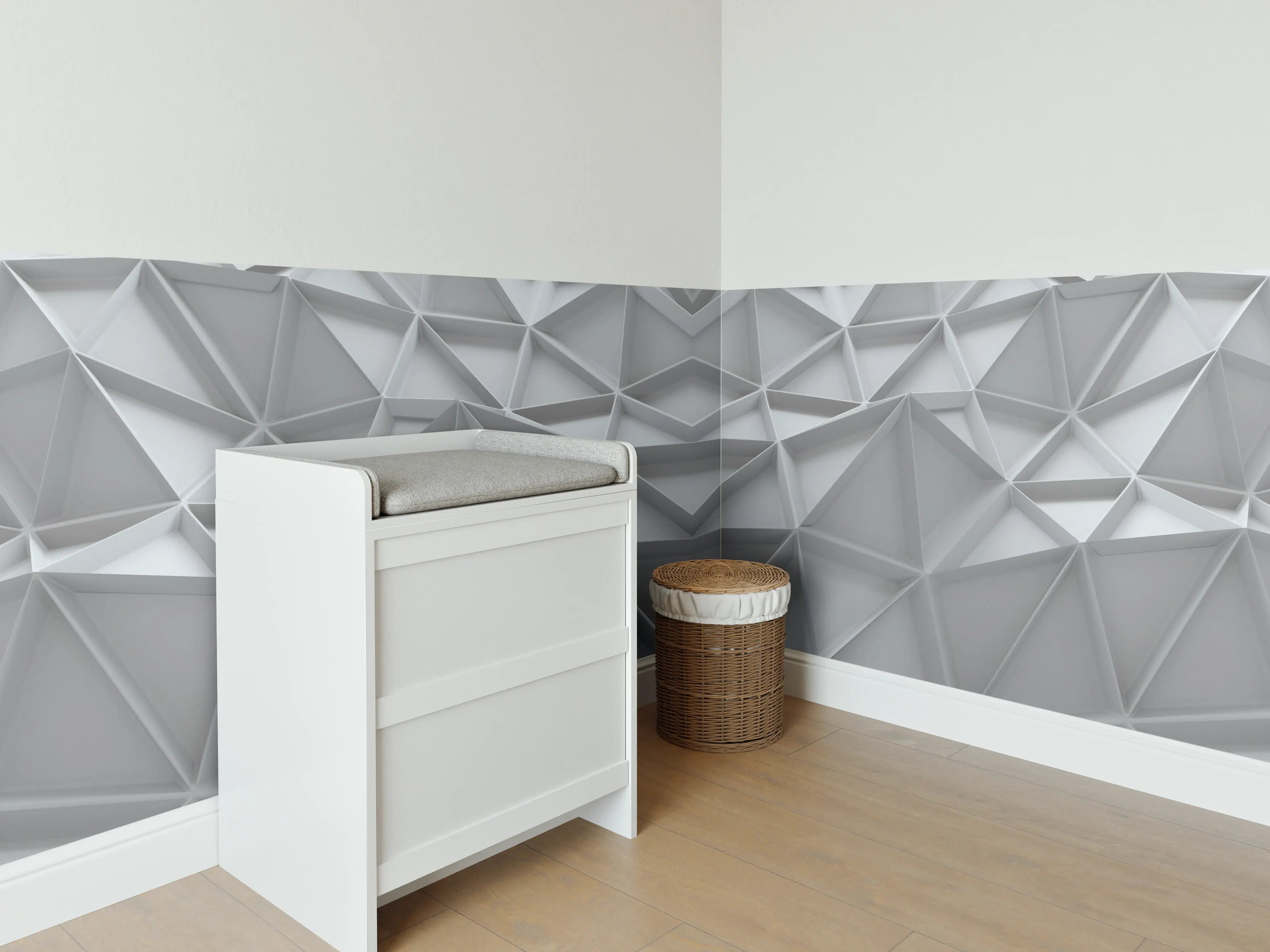 Babyzimmer Wandgestaltung - Graue Geometrien auf weißem Hintergrund