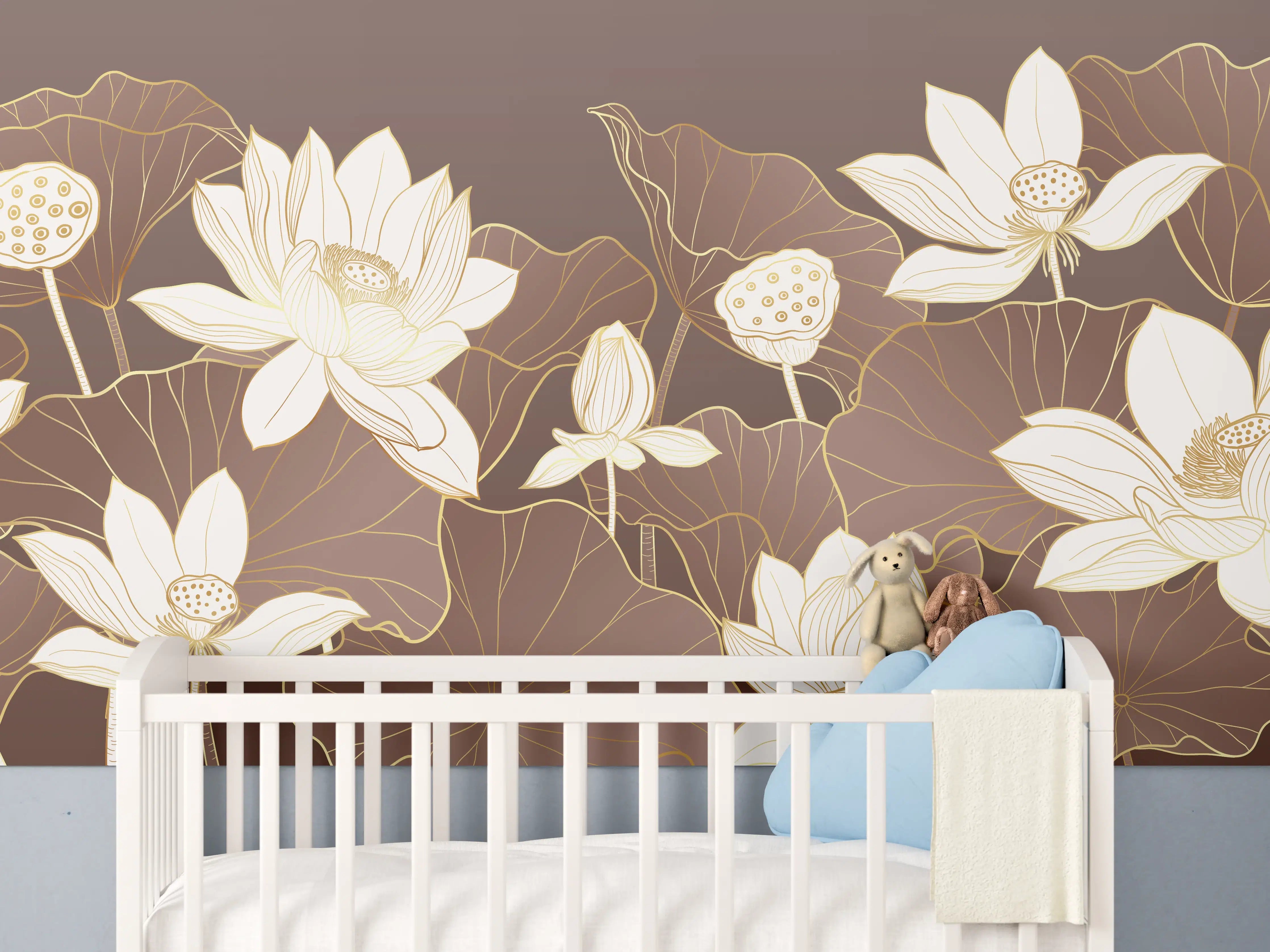 Babyzimmer Wandgestaltung - Graue Lotusblüten auf braunem Grund
