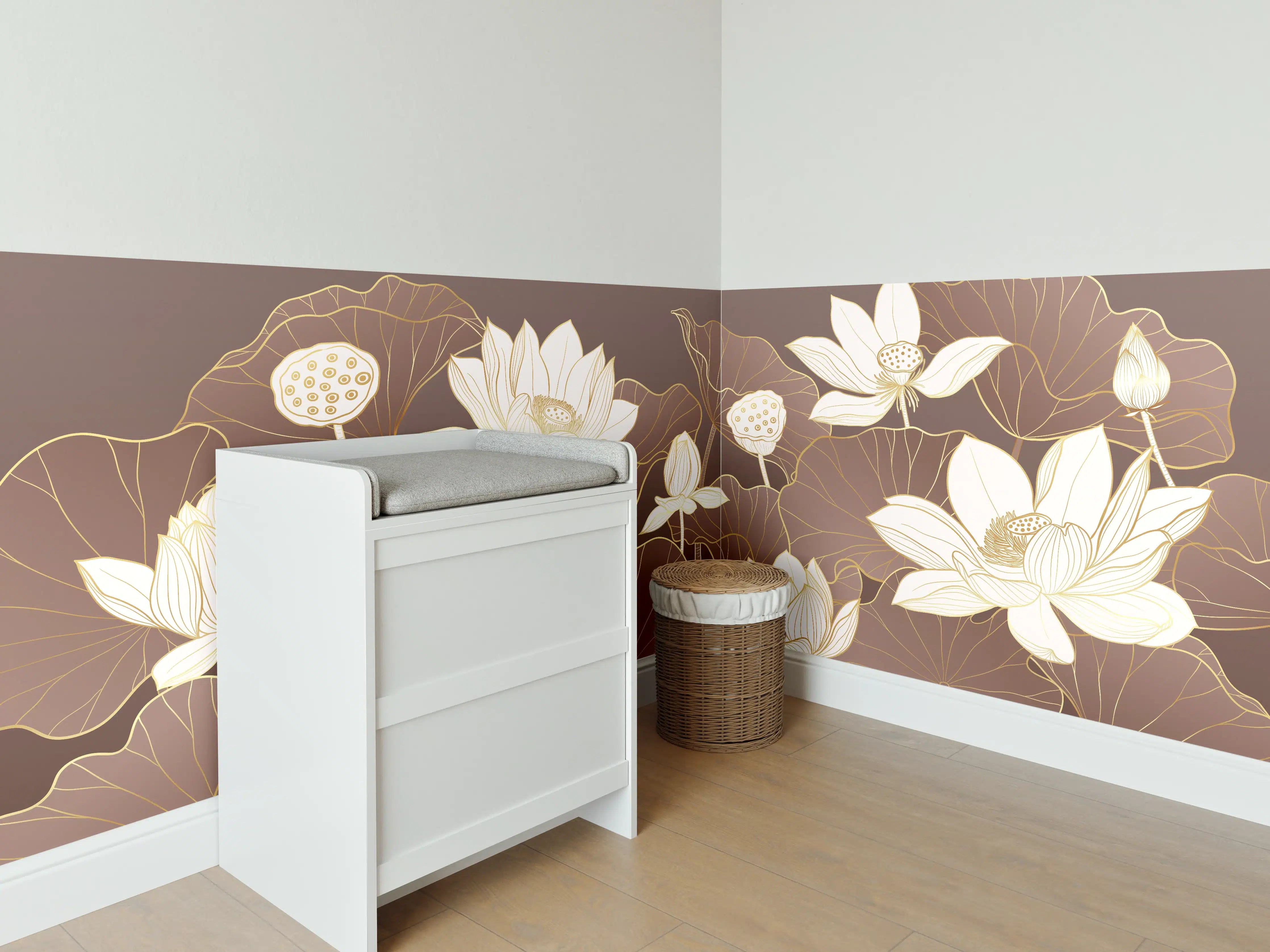 Babyzimmer Wandgestaltung - Graue Lotusblüten auf braunem Grund