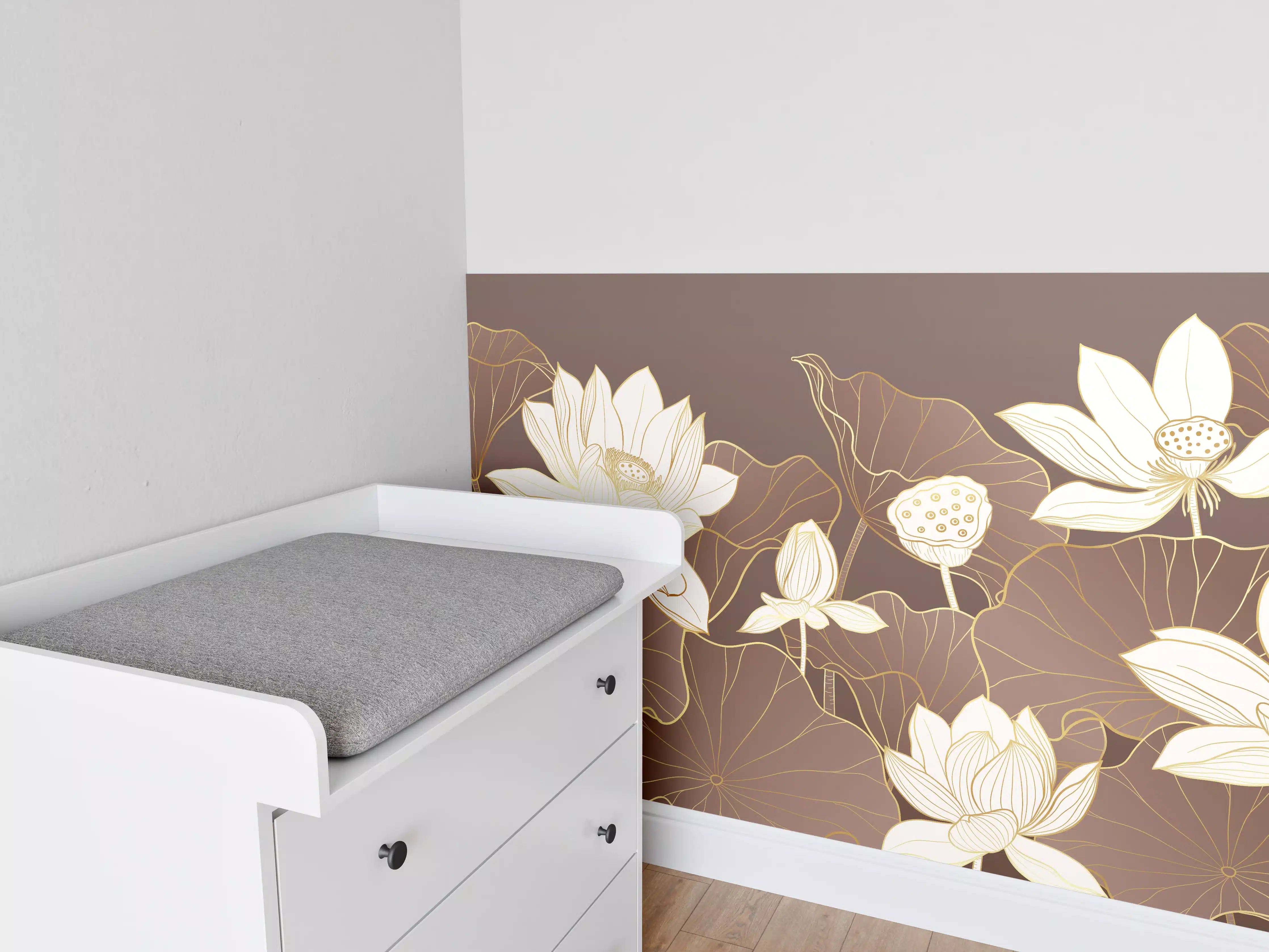 Babyzimmer Wandgestaltung - Graue Lotusblüten auf braunem Grund