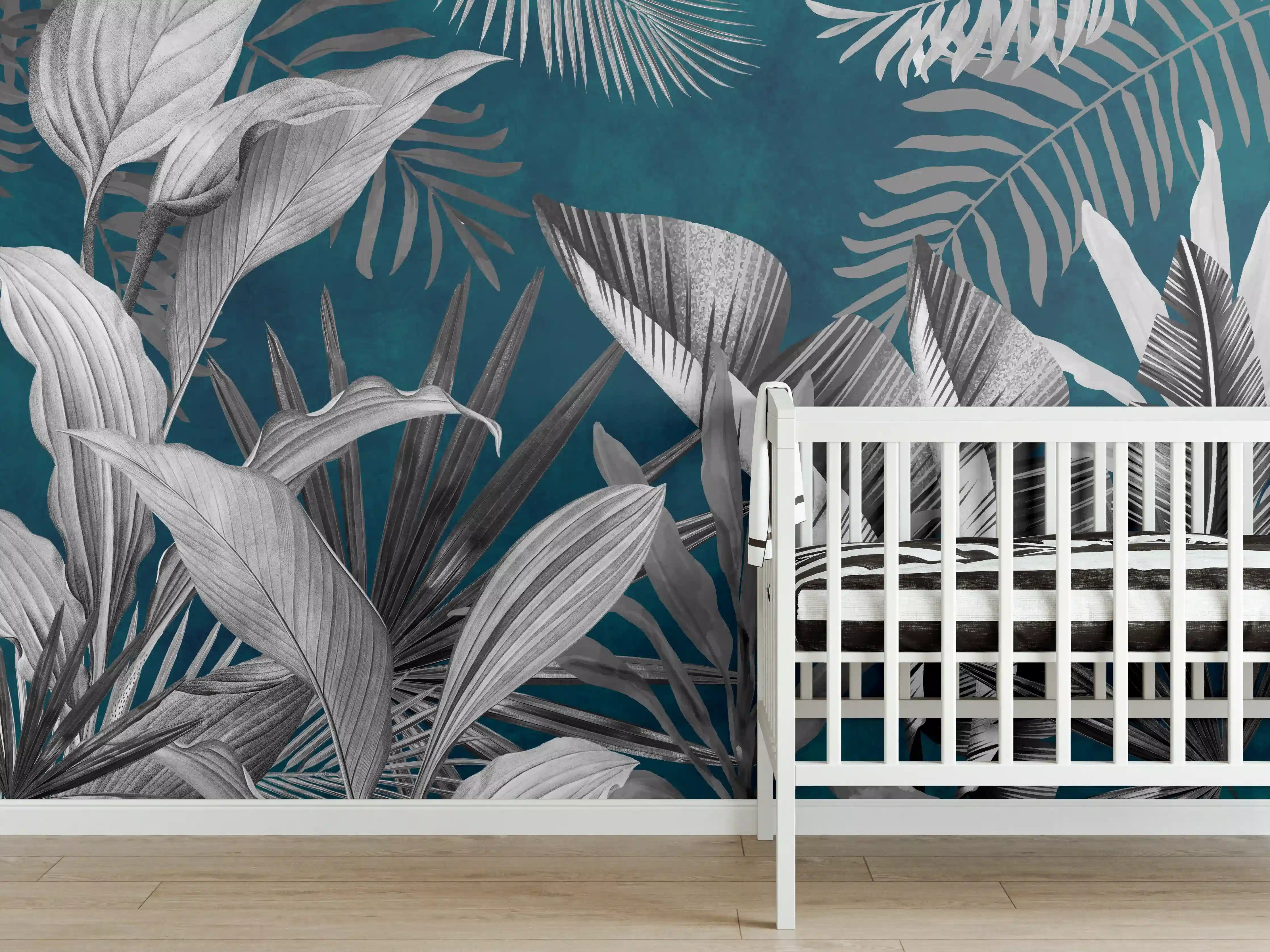 Babyzimmer Wandgestaltung - Graue Pflanzen auf blauem Hintergrund