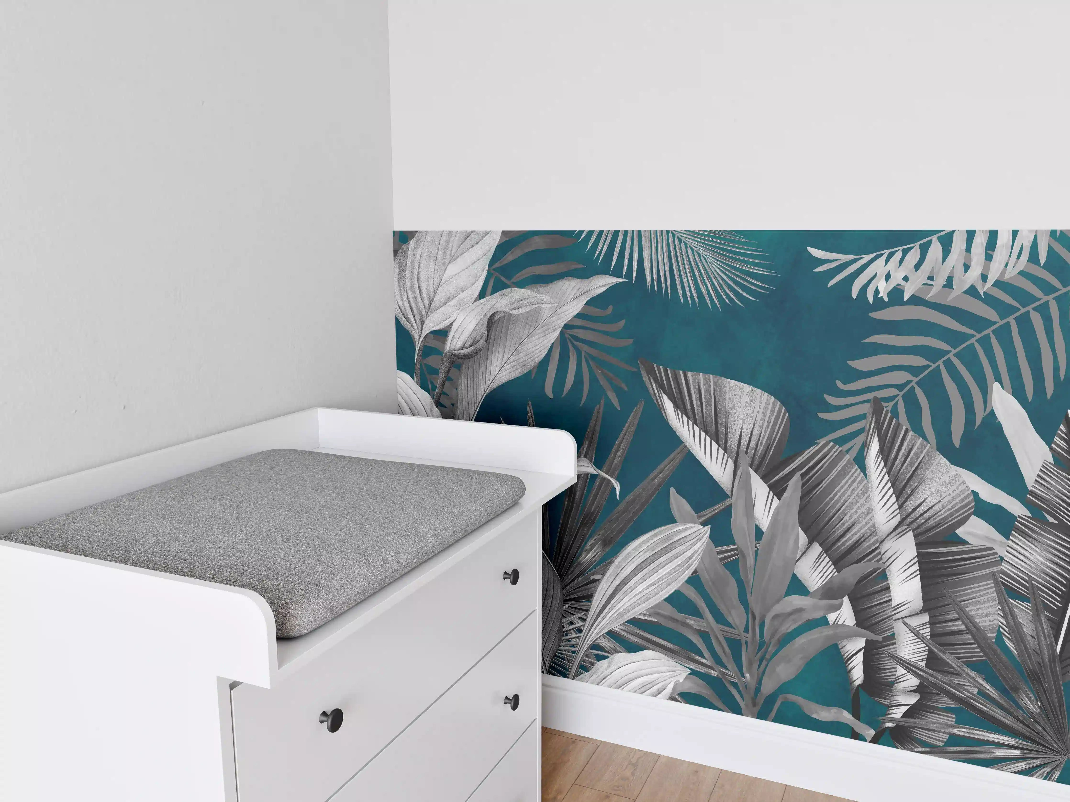 Babyzimmer Wandgestaltung - Graue Pflanzen auf blauem Hintergrund