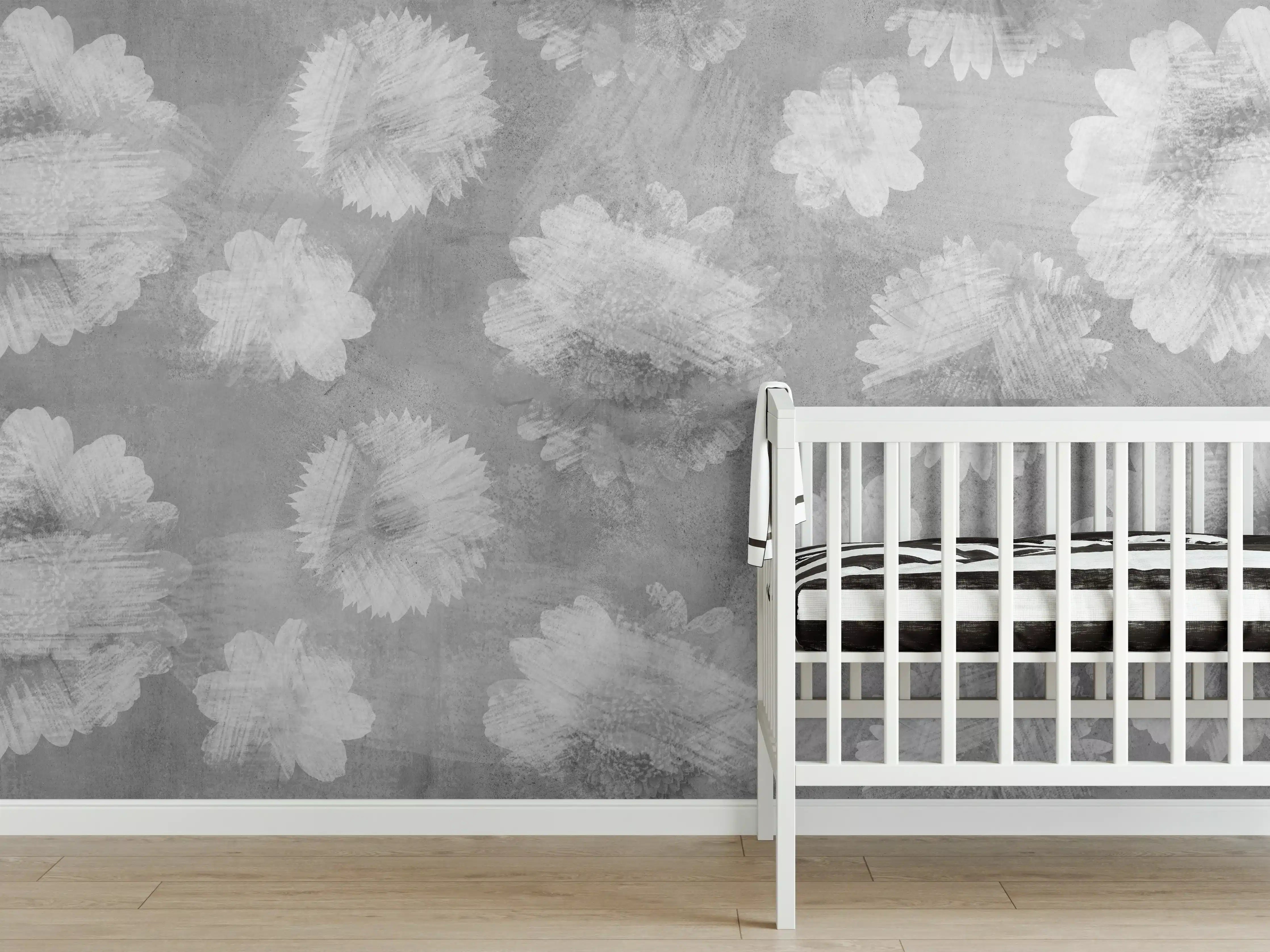 Babyzimmer Wandgestaltung - Graue Zement Wand mit weißem Blumenmuster