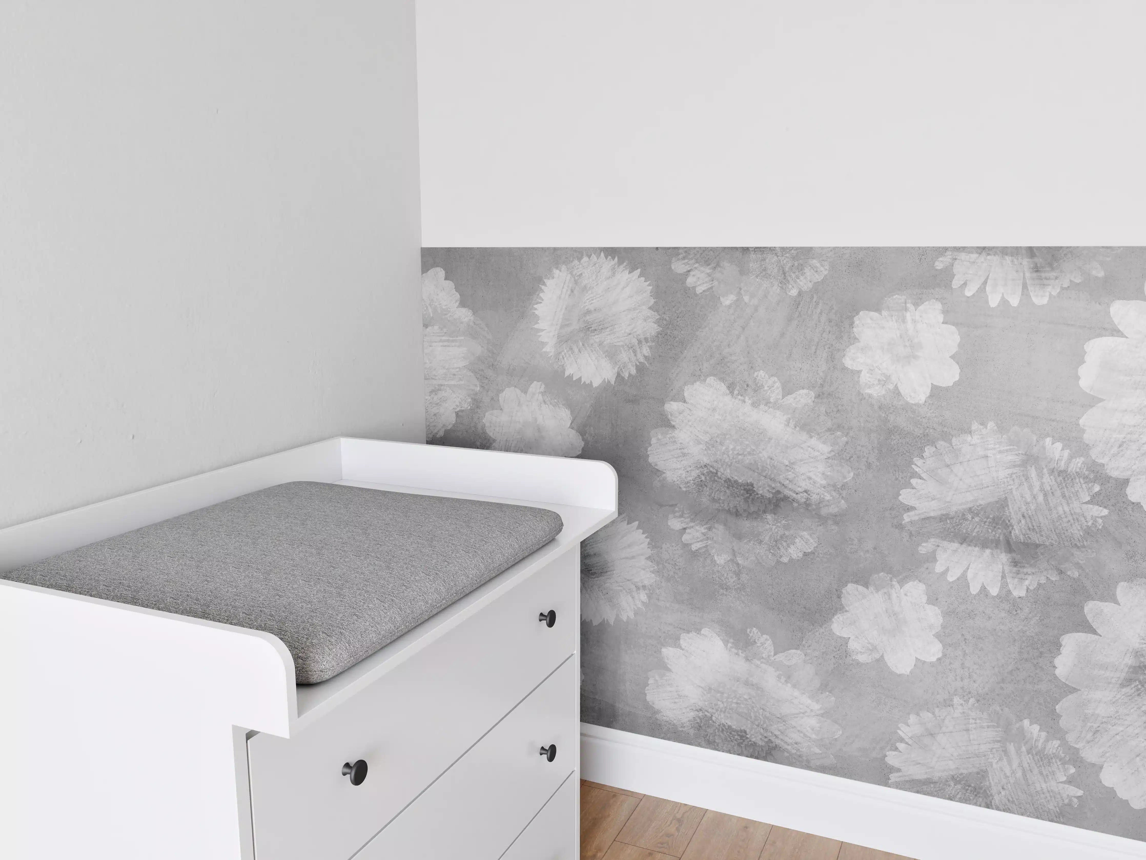 Babyzimmer Wandgestaltung - Graue Zement Wand mit weißem Blumenmuster