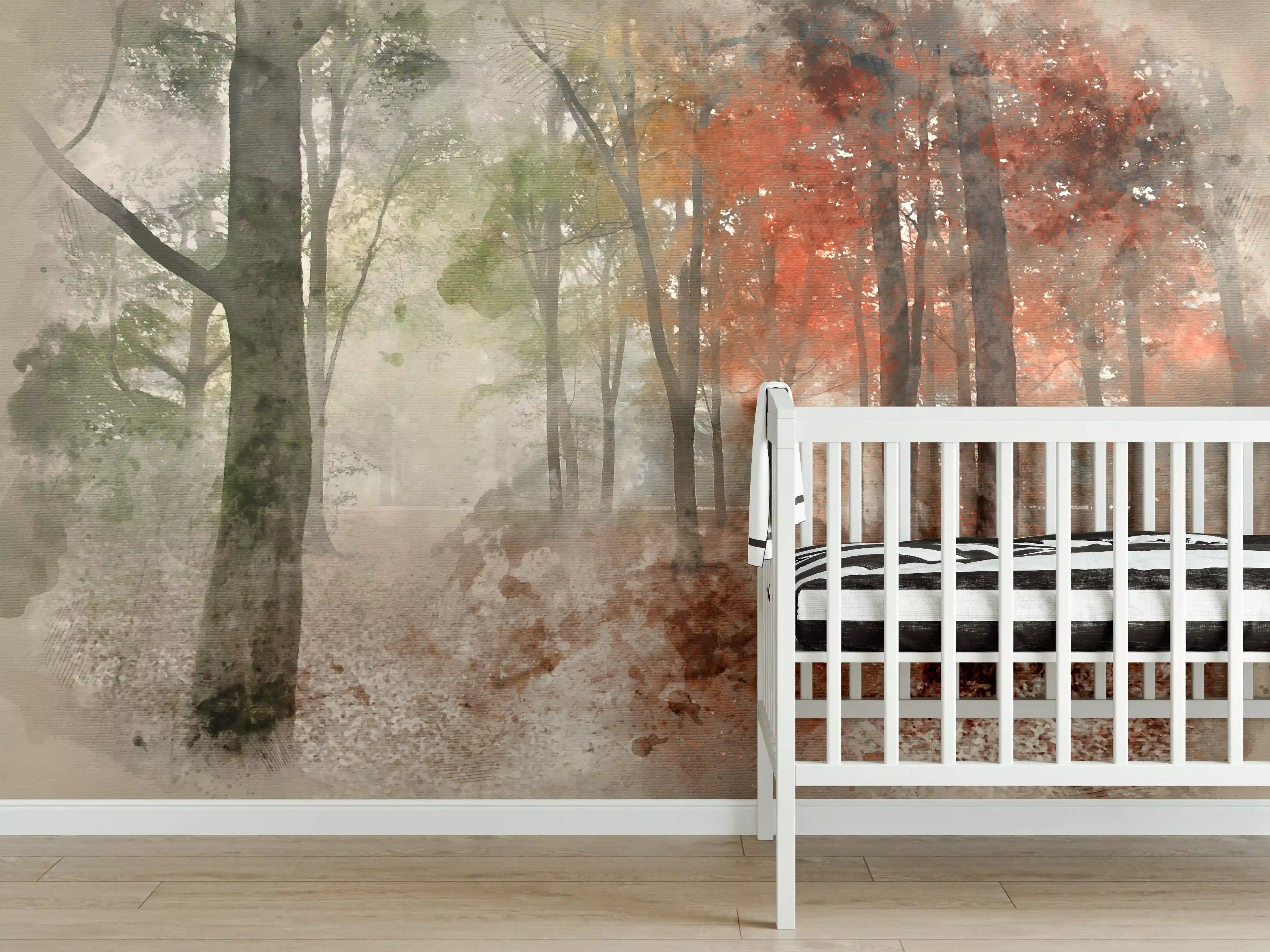 Babyzimmer Wandgestaltung - Grauer Herbstwald mit bunten Blättern